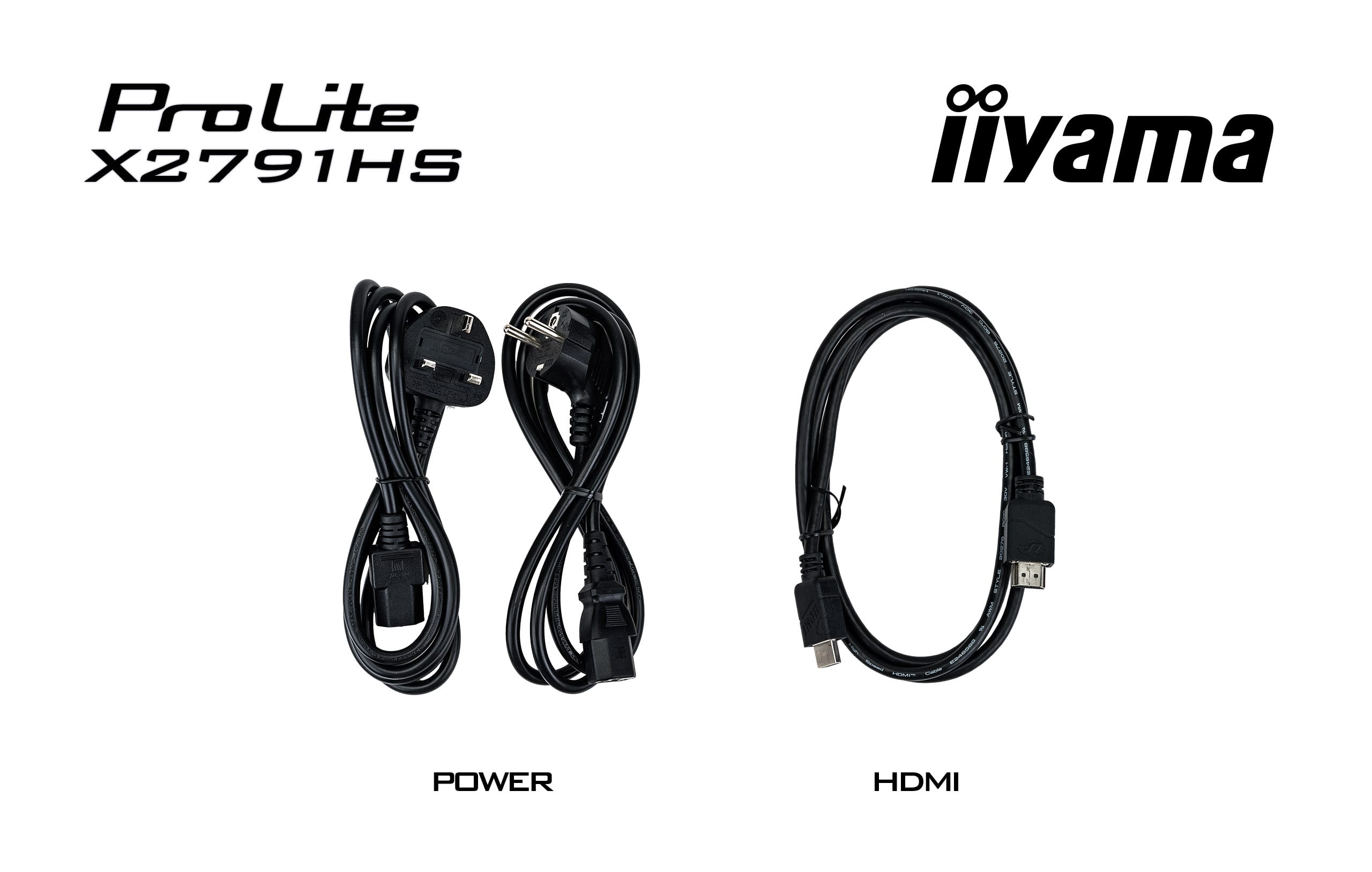 Dwa czarne kable: zasilający i HDMI. Logo ProLite X2791HS i iiyama.
