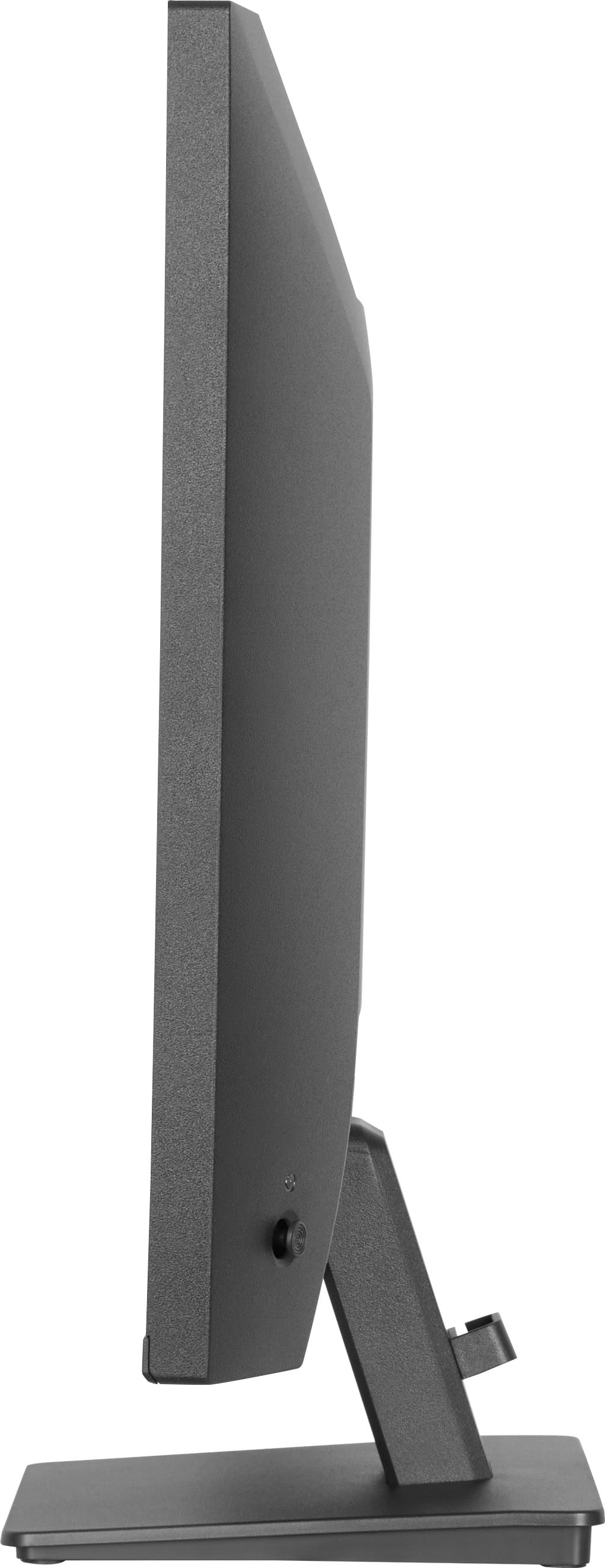 Seitenansicht eines schwarzen Monitors mit Standfuß, auf weißem Hintergrund.