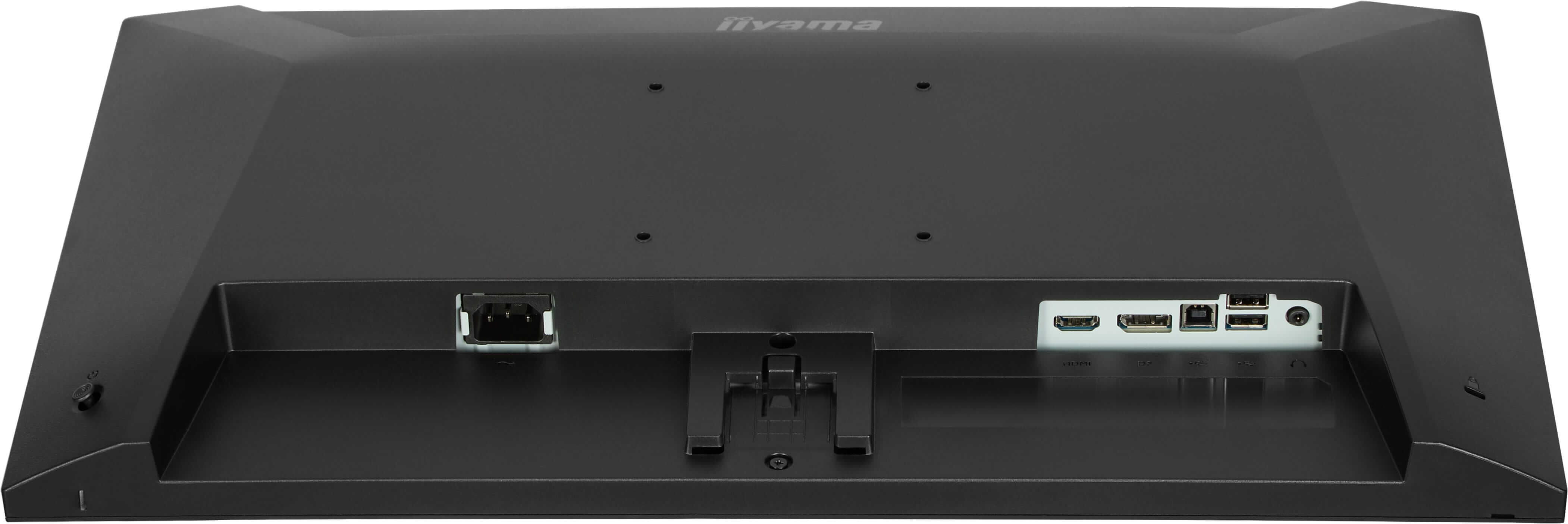 Rückseite eines schwarzen Monitors mit Anschlüssen: Strom, HDMI, USB und Audio.