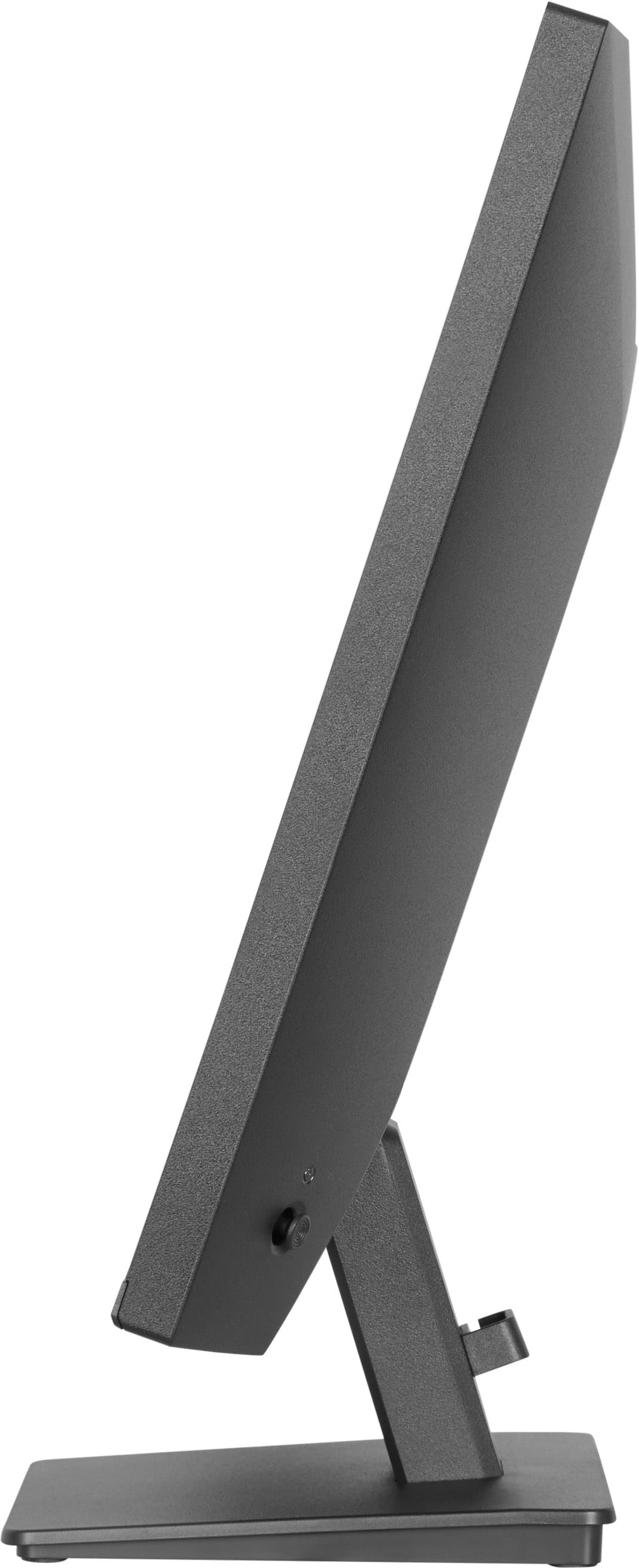 Ein schwarzer Computermonitor mit Ständer, von der Seite gesehen.