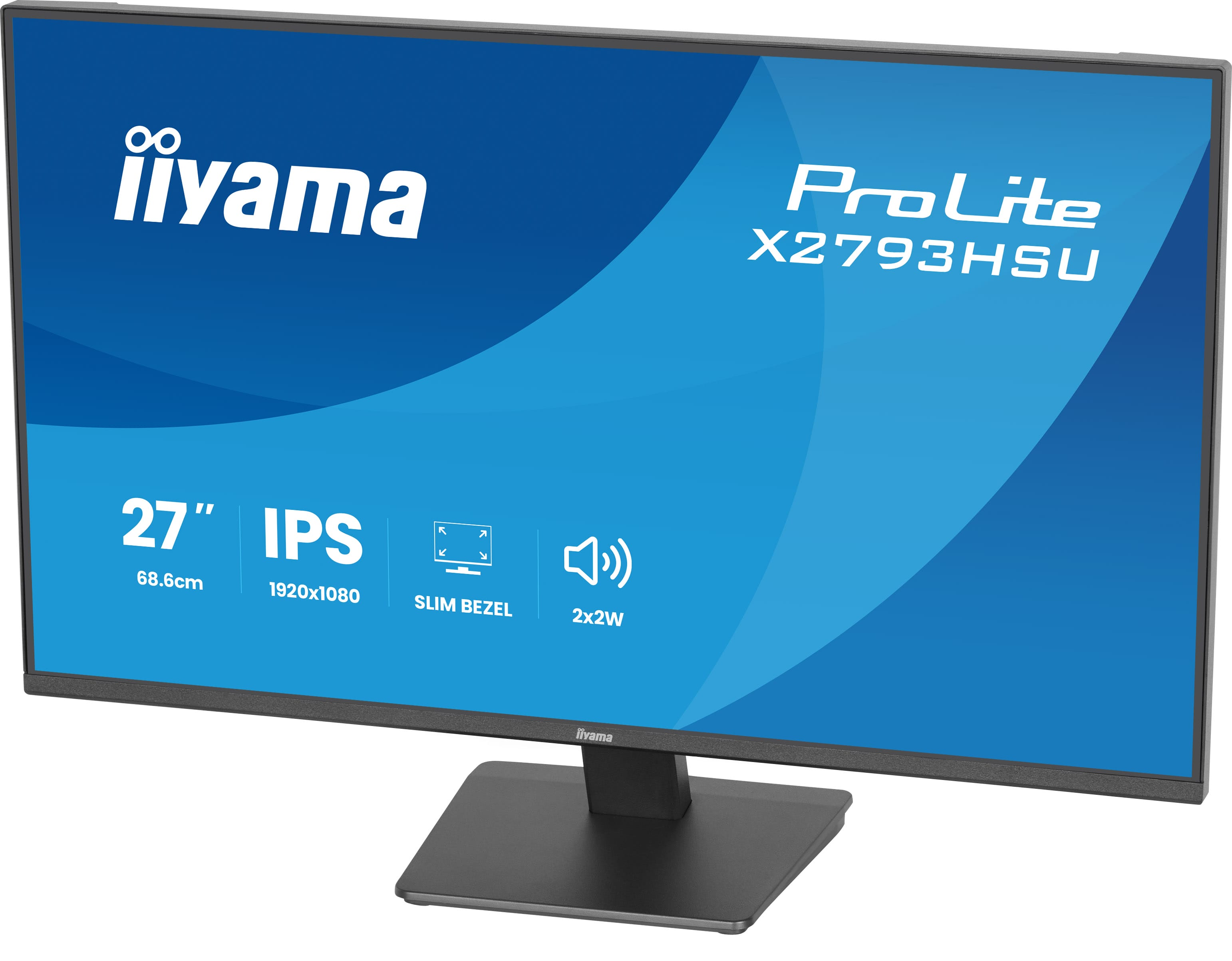 Ein schwarzer Iiyama ProLite Monitor mit einem blauen Hintergrund, der Spezifikationen anzeigt.