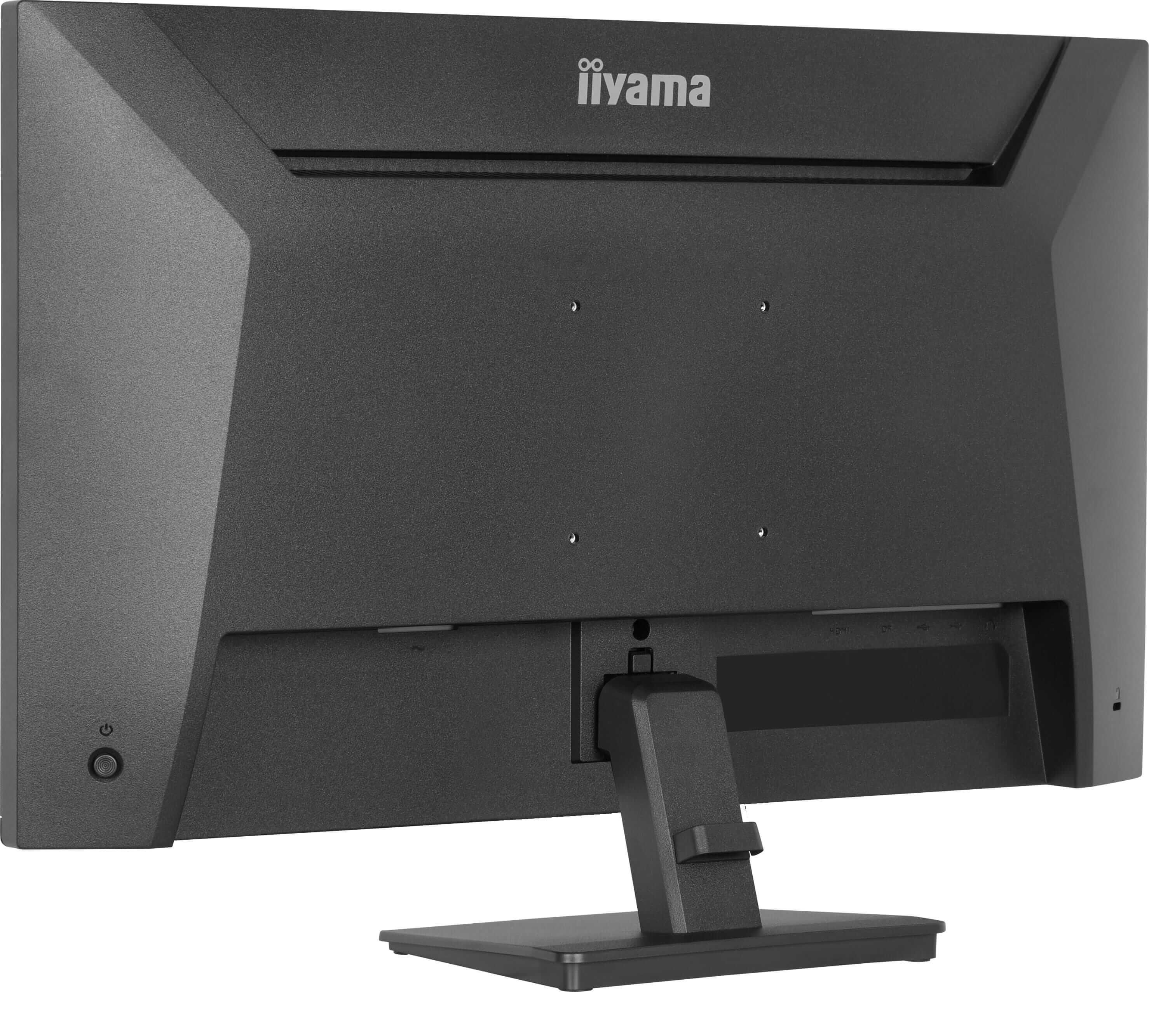 Rückseite eines schwarzen Iiyama Monitors mit Ständer und Anschlüssen.