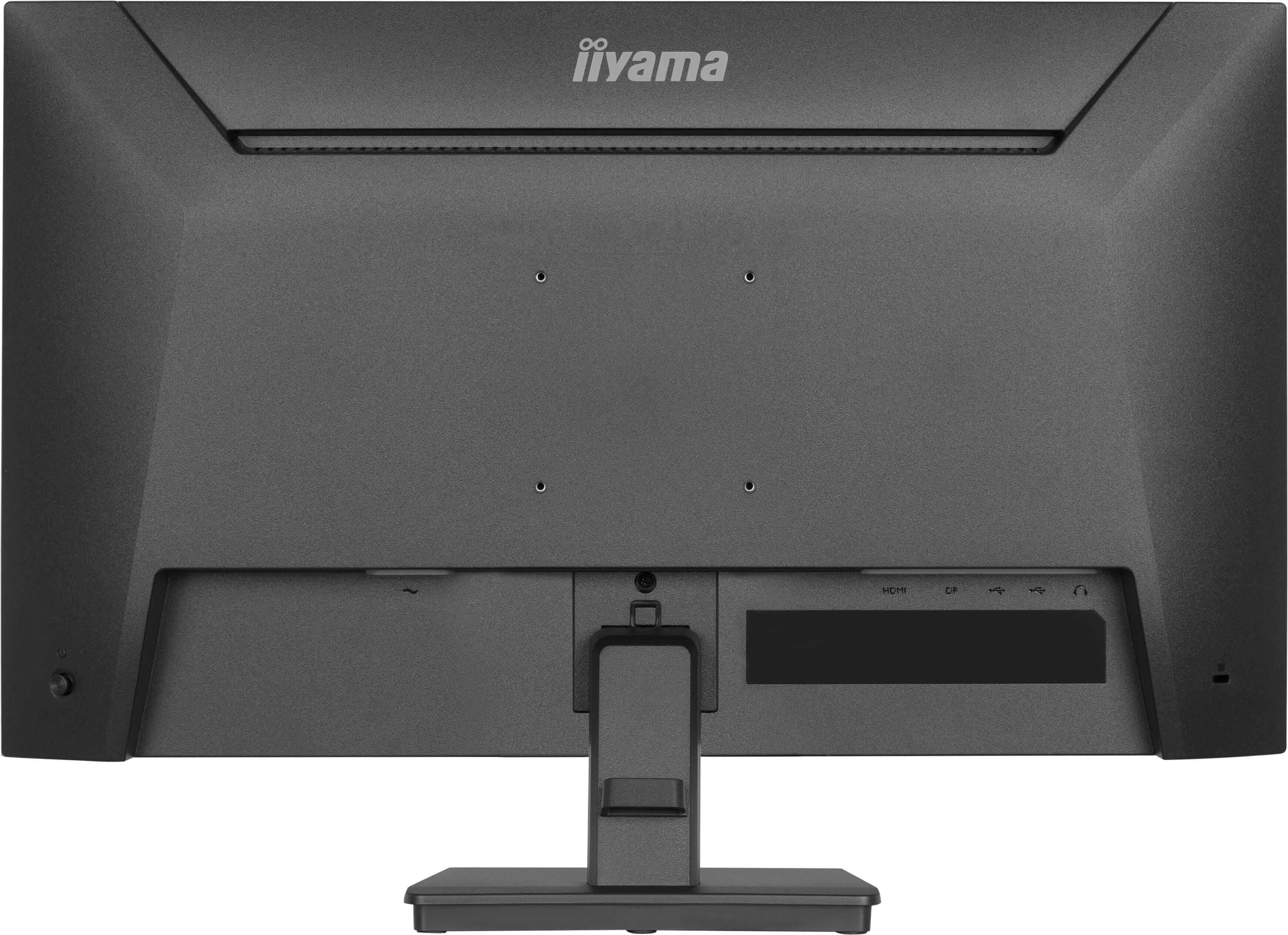 Rückseite eines dunkelgrauen Iiyama Monitors mit Anschlüssen: HDMI, DP, USB, Audiobuchse.