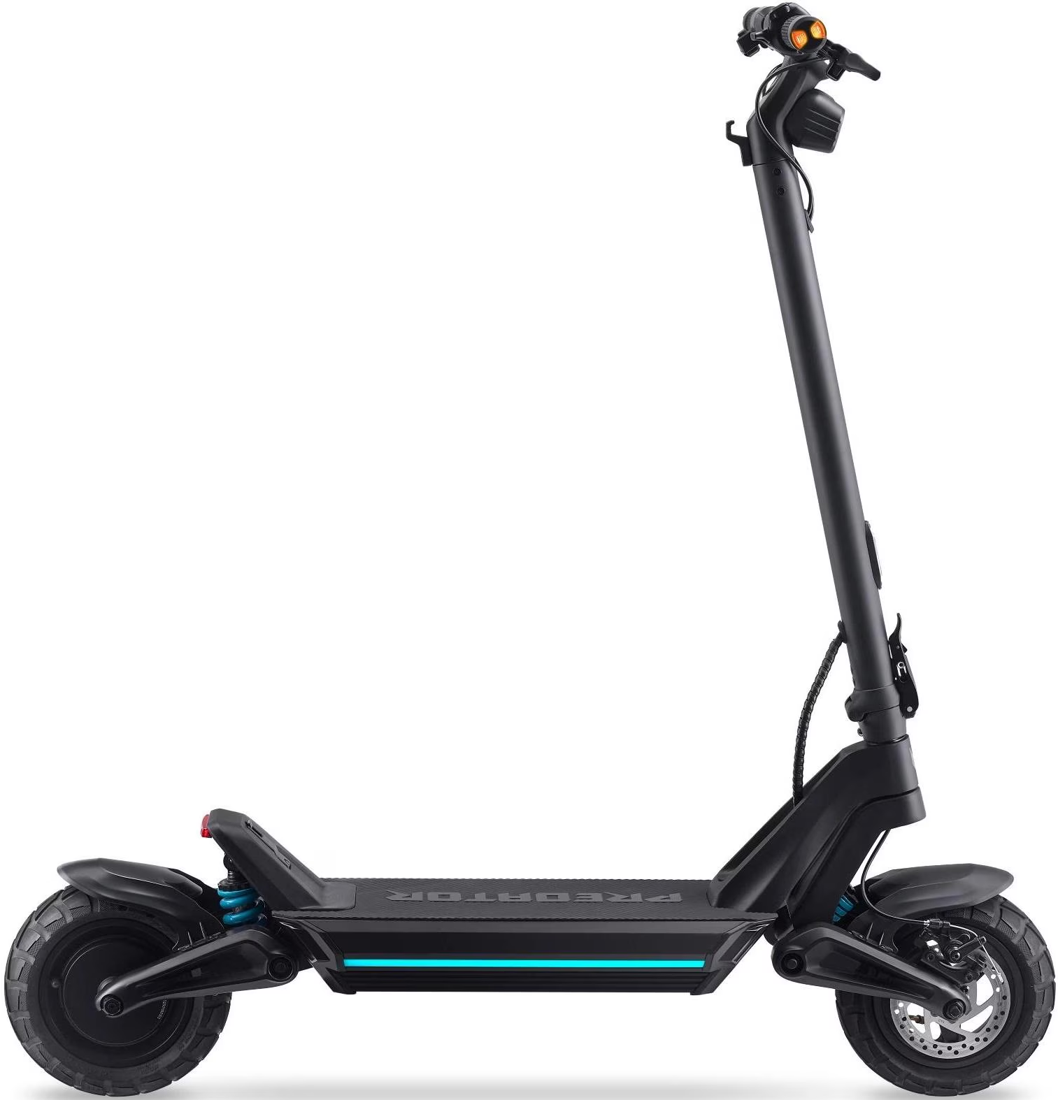 Trottinette électrique noire avec pneus larges et bandes LED bleues.
