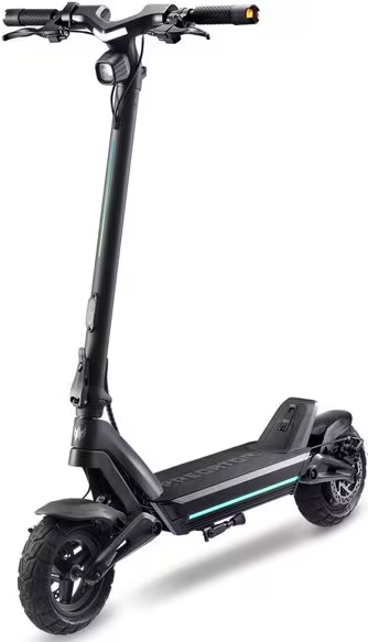Trottinette électrique noire avec pneus larges, bandes LED et phare.