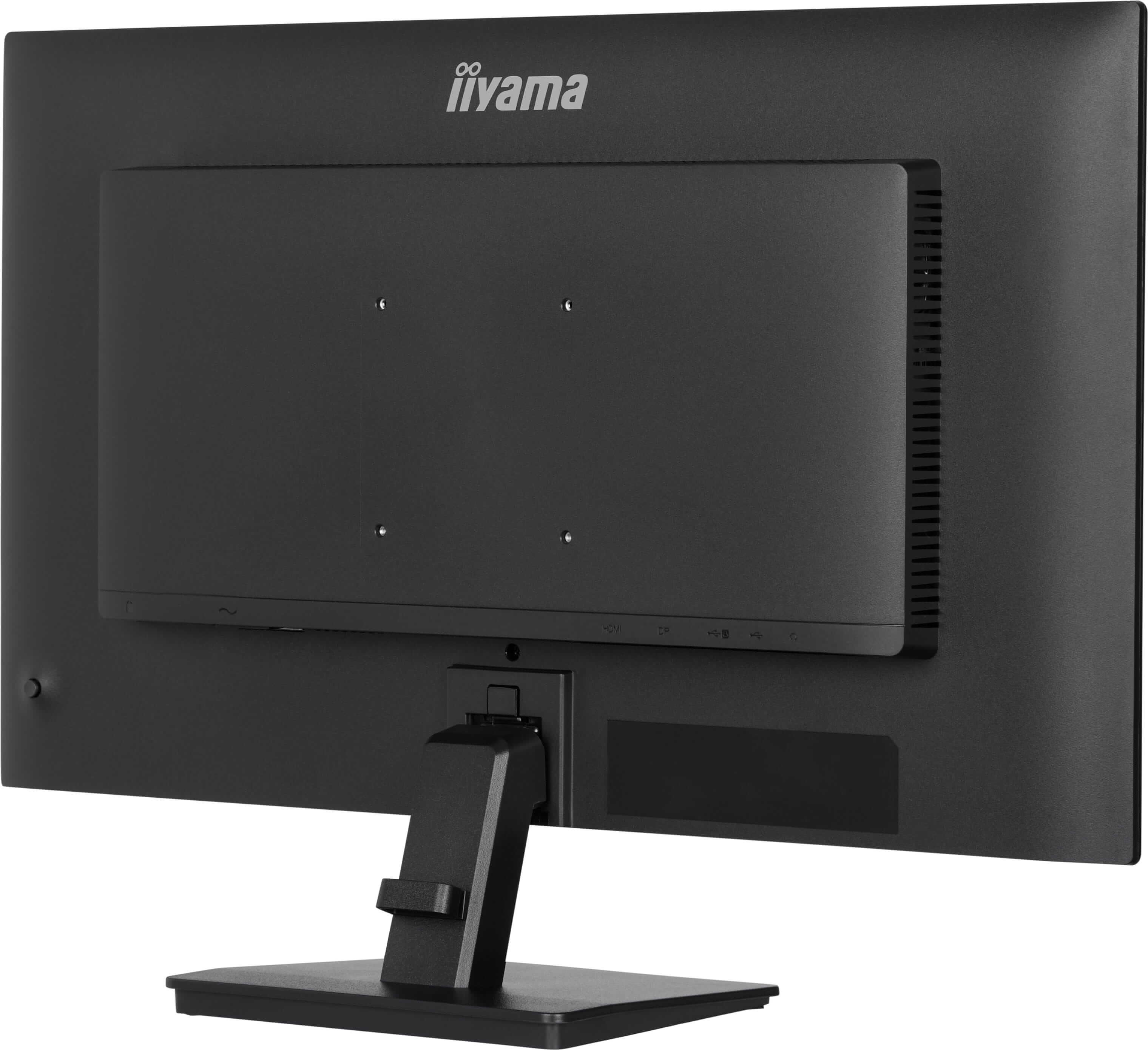 Rückseite eines schwarzen iiyama Monitors mit Ständer und Anschlüssen.
