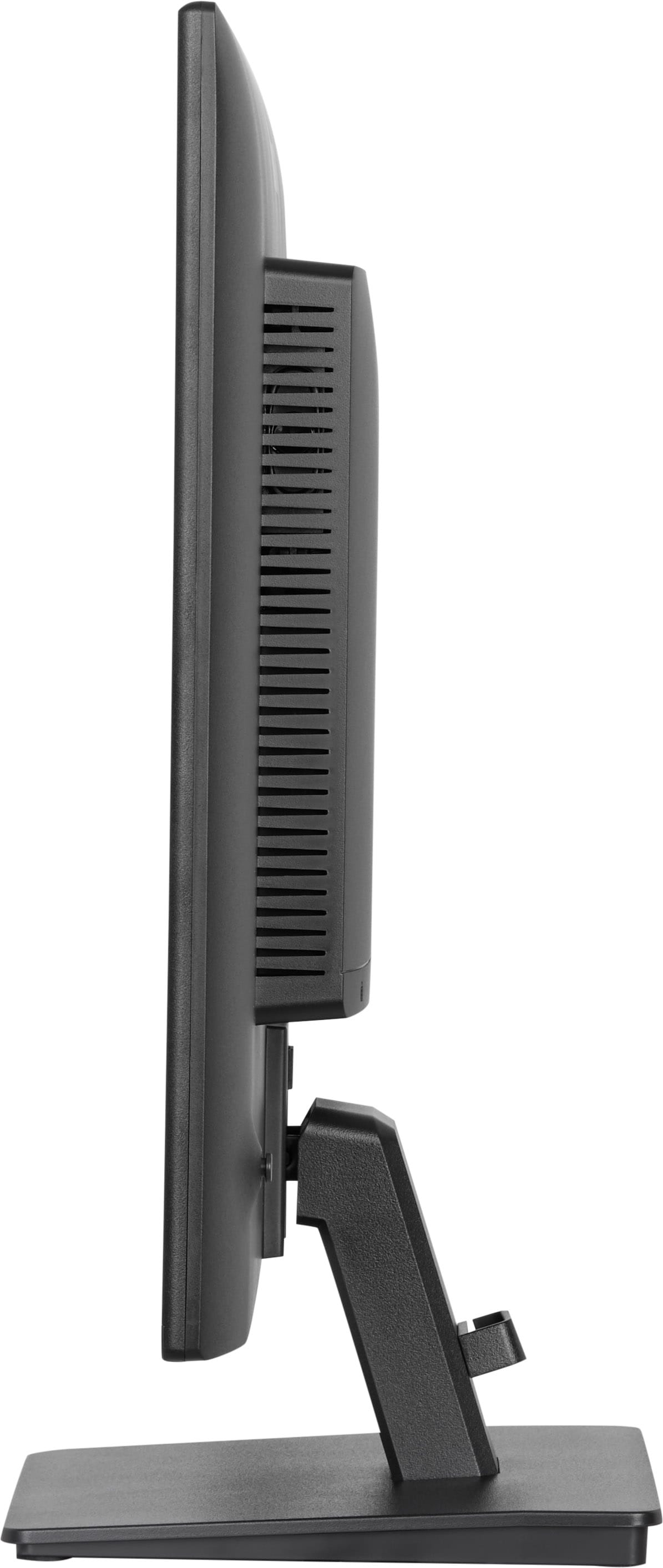 Schwarzer Computermonitor von der Seite mit Lüftungsschlitzen und Ständer.