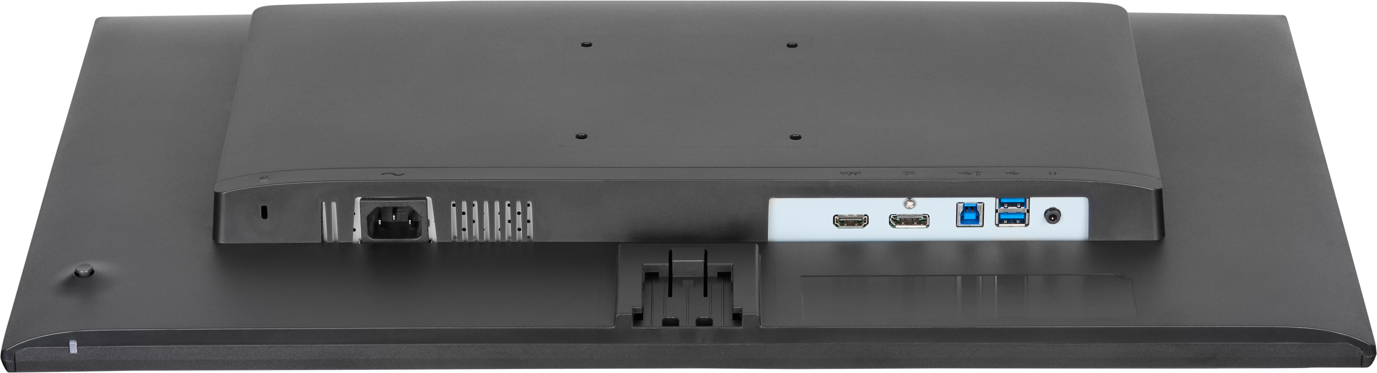 Rückseite eines Monitors mit Anschlüssen: Strom, HDMI, DP, USB und Audio.