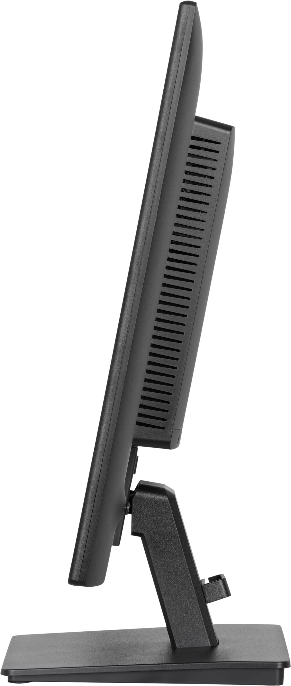 Ein schwarzer Computermonitor mit Ständer, von der Seite gesehen.