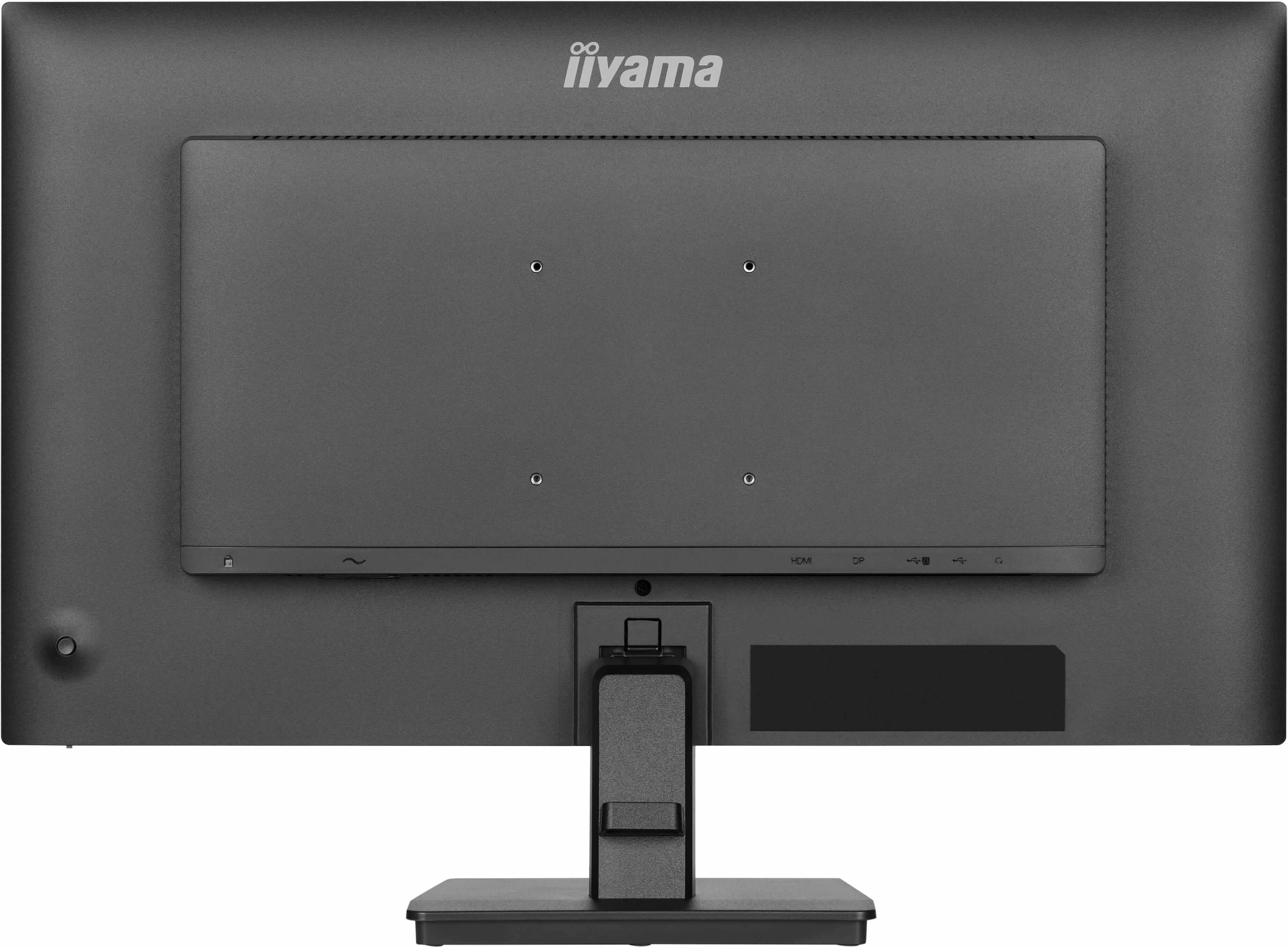 Rückseite eines schwarzen Monitors mit Anschlüssen wie HDMI und USB.