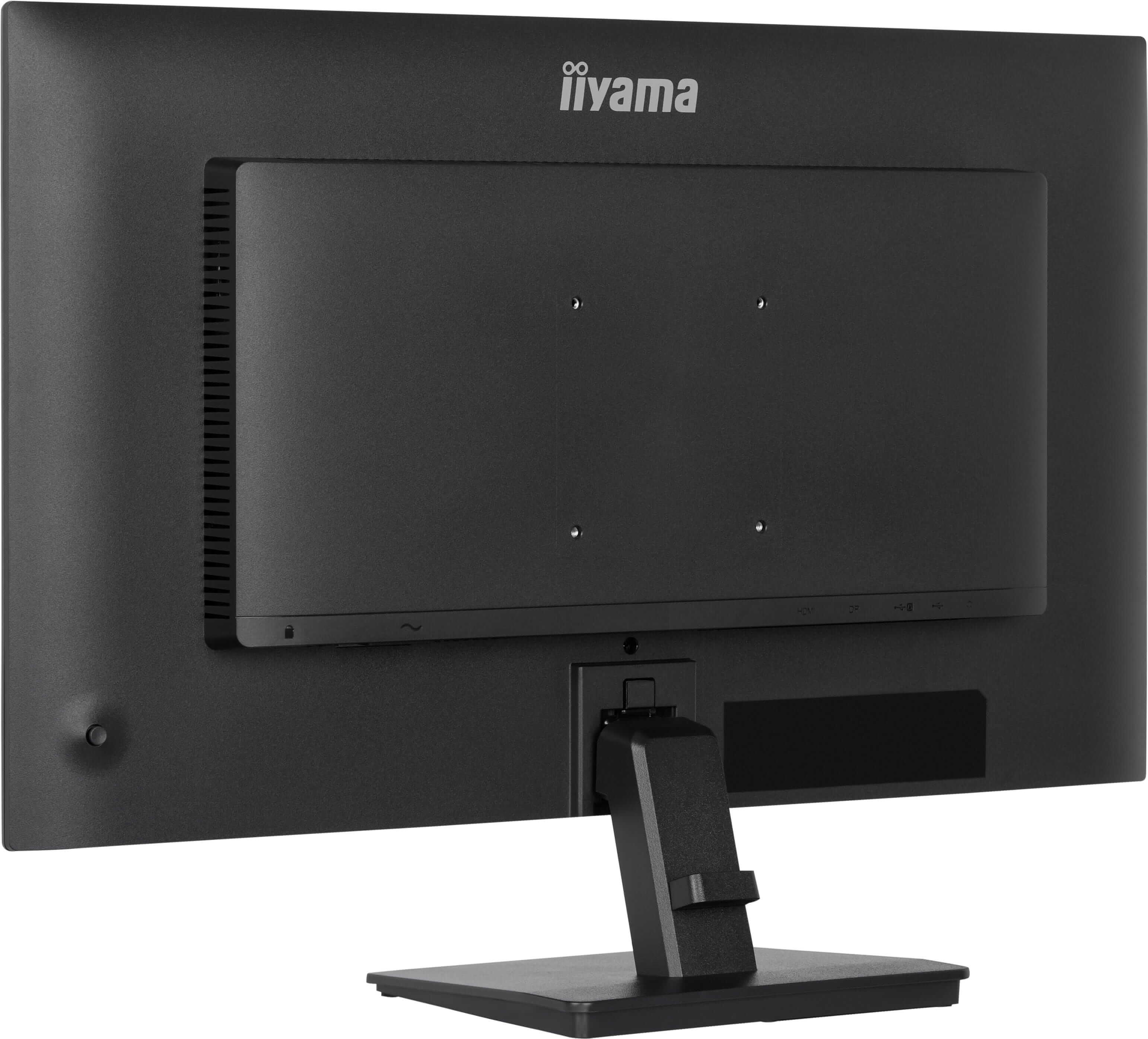 Rückseite eines schwarzen Iiyama Monitors mit Standfuß und Anschlüssen.