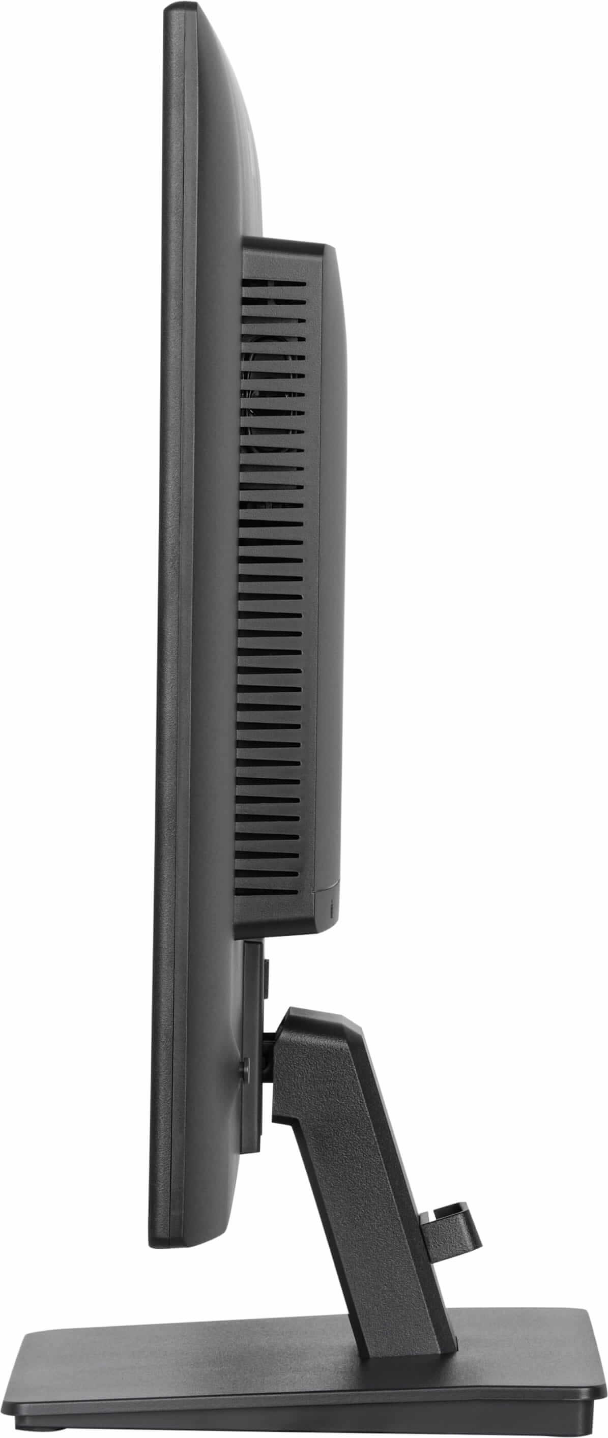 Schwarzer Computermonitor im Seitenprofil mit Lüftungsschlitzen und Ständer.