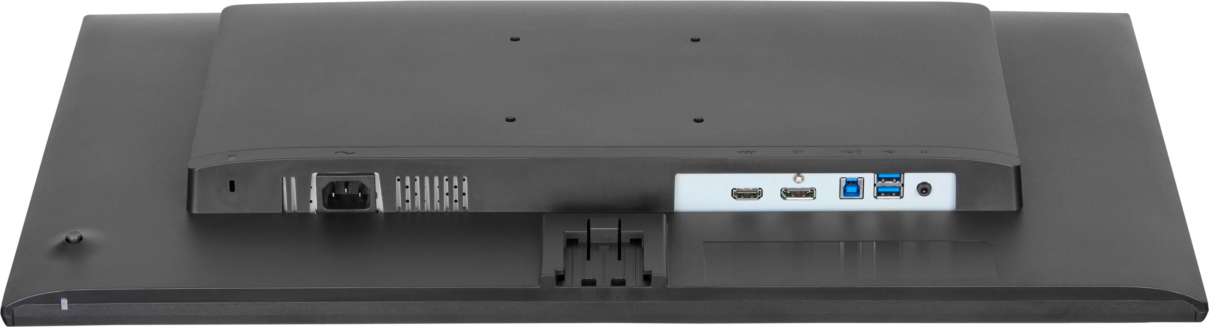 Rückseite eines Monitors mit Anschlüssen: Strom, HDMI, DP, USB und Audiobuchse.