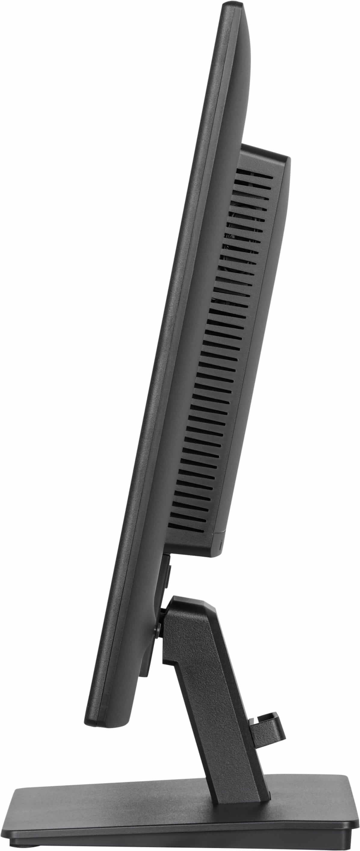 Seitenansicht eines schwarzen Monitors mit Lüftungsschlitzen und einem Ständer.