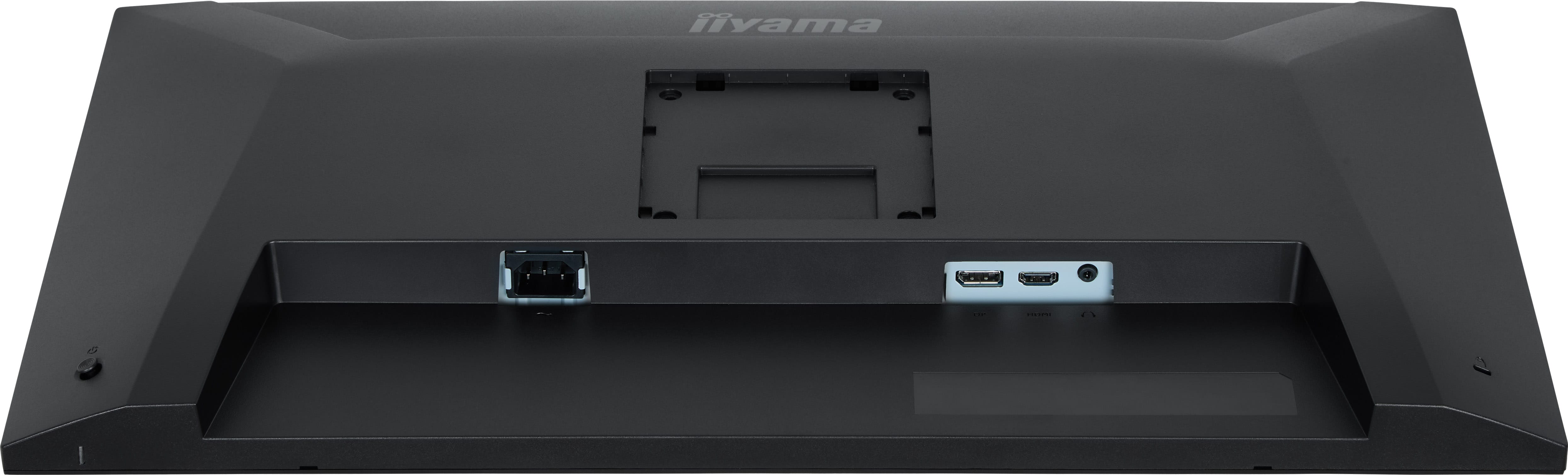 Rückseite eines schwarzen Monitors mit Anschlüssen: Strom, DisplayPort, HDMI und Audio.