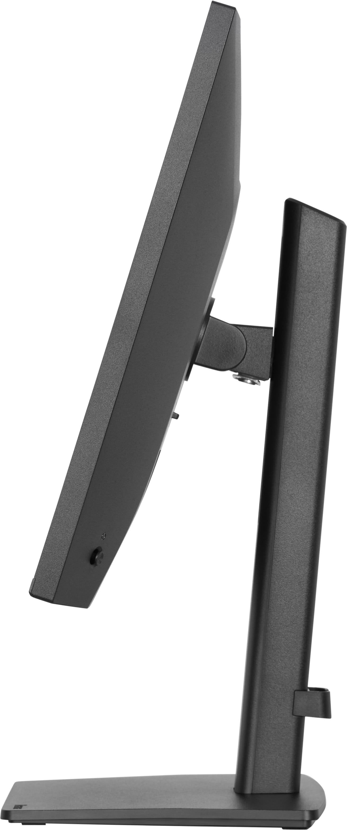 Ein schwarzer Computermonitor mit einem verstellbaren Arm auf einem Ständer.