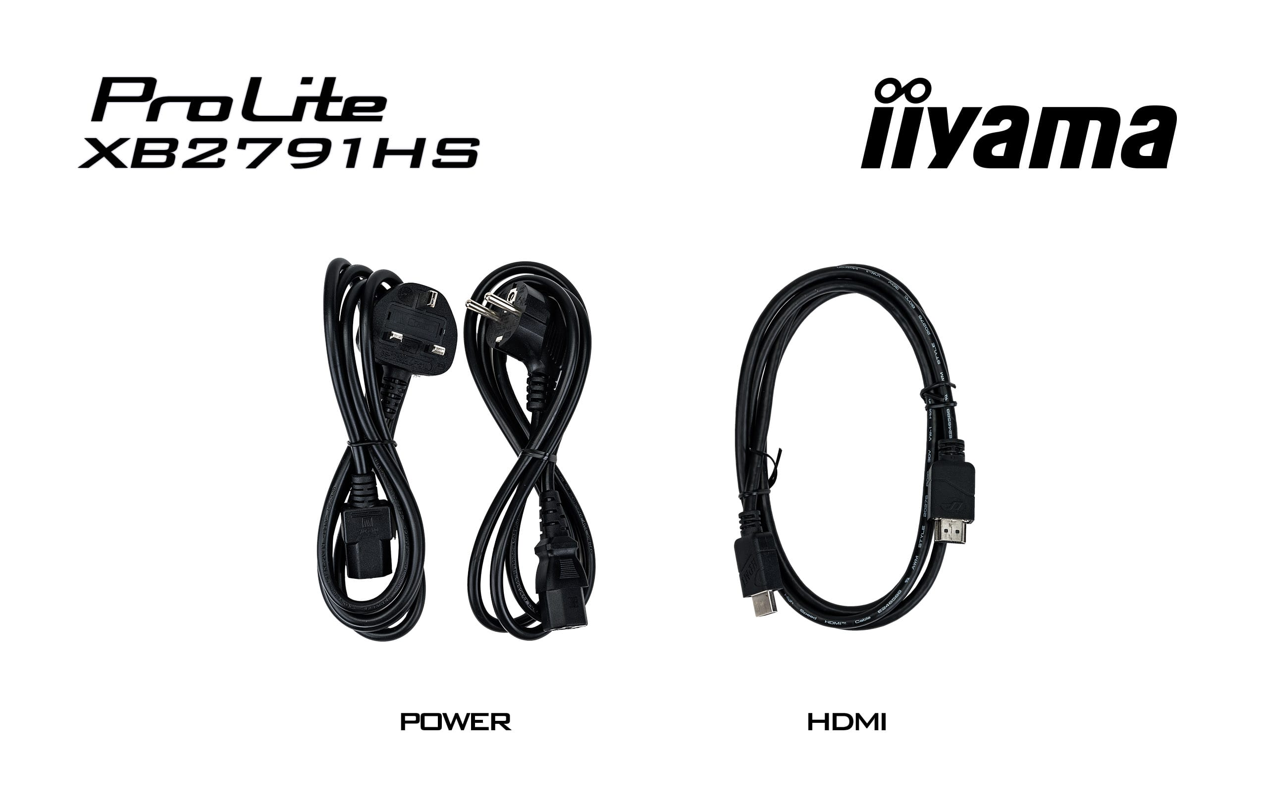 Zwei schwarze Kabel: Ein Stromkabel mit Stecker und ein HDMI-Kabel.