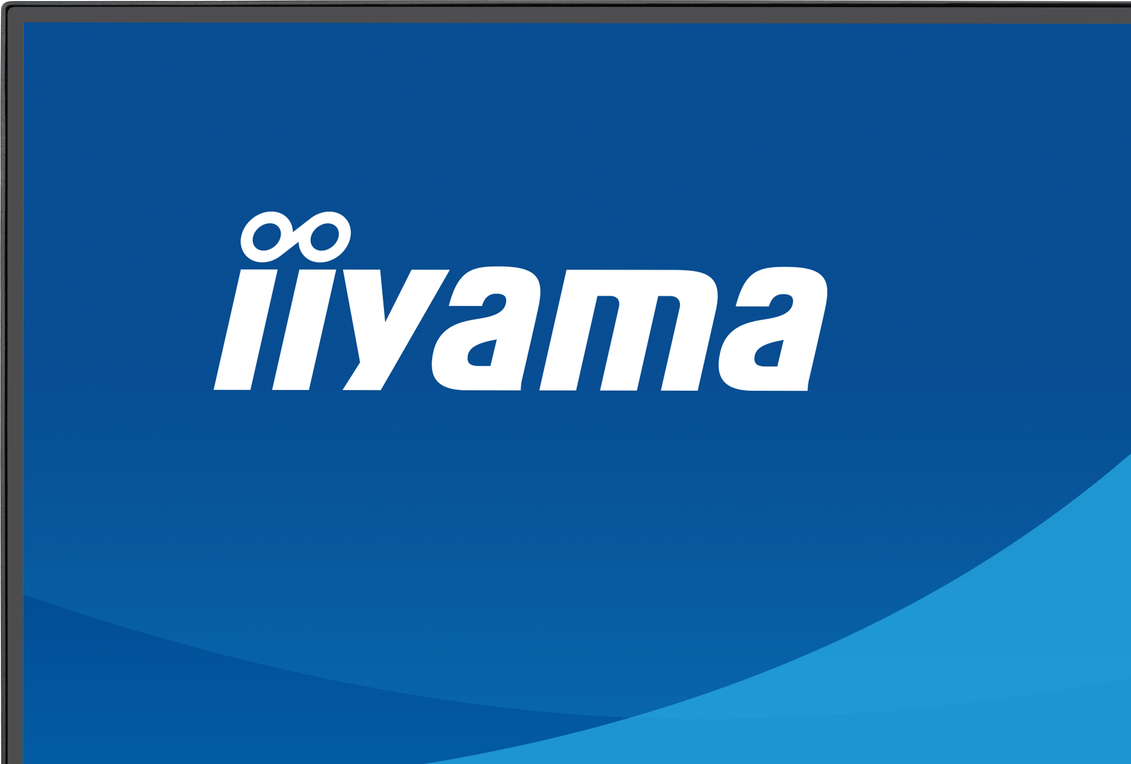 Das Logo von iiyama mit einem Infinity-Symbol über dem Schriftzug auf blauem Hintergrund.
