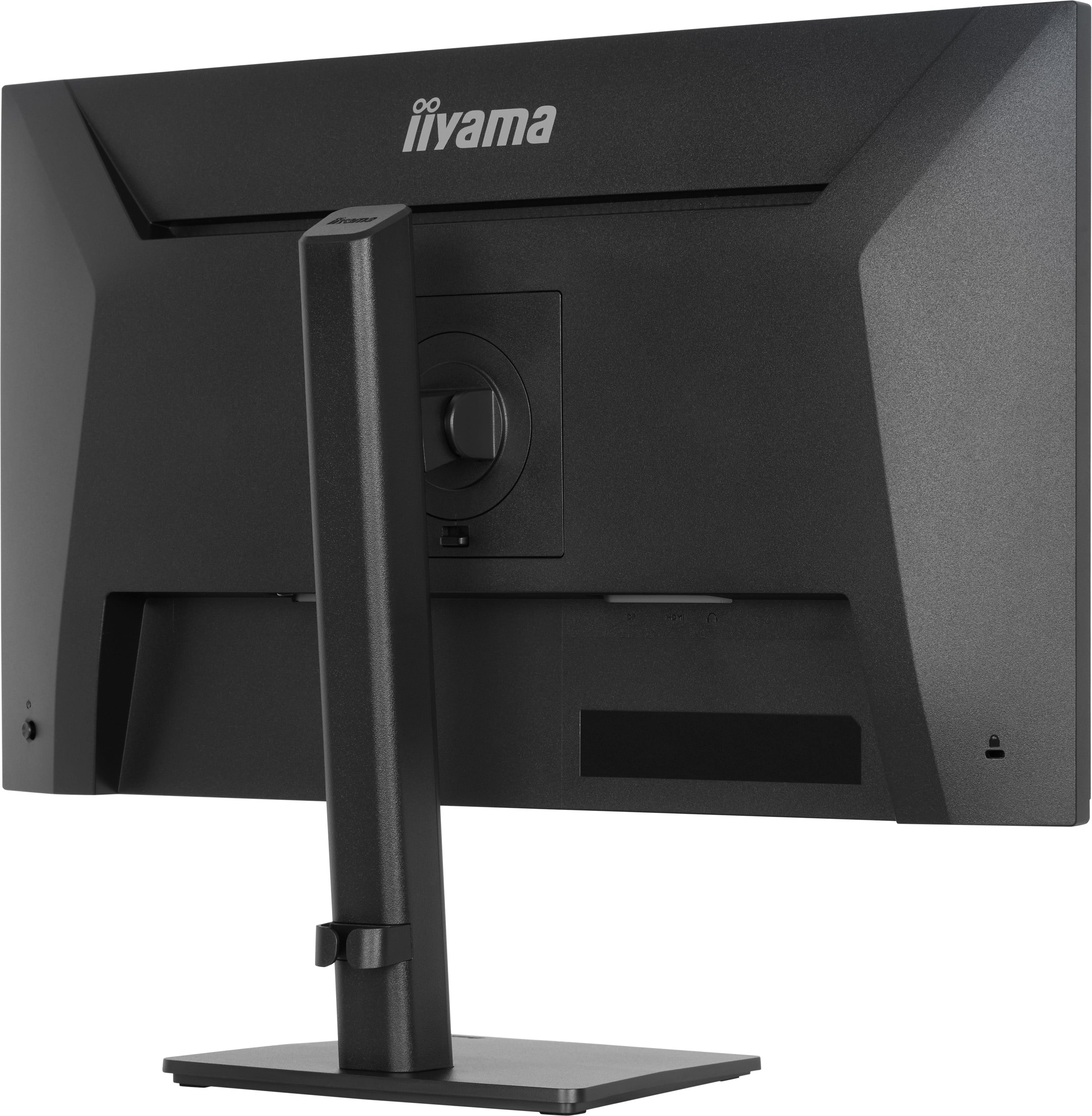 Rückseite eines schwarzen Monitors mit Iiyama-Logo und Standfuß.