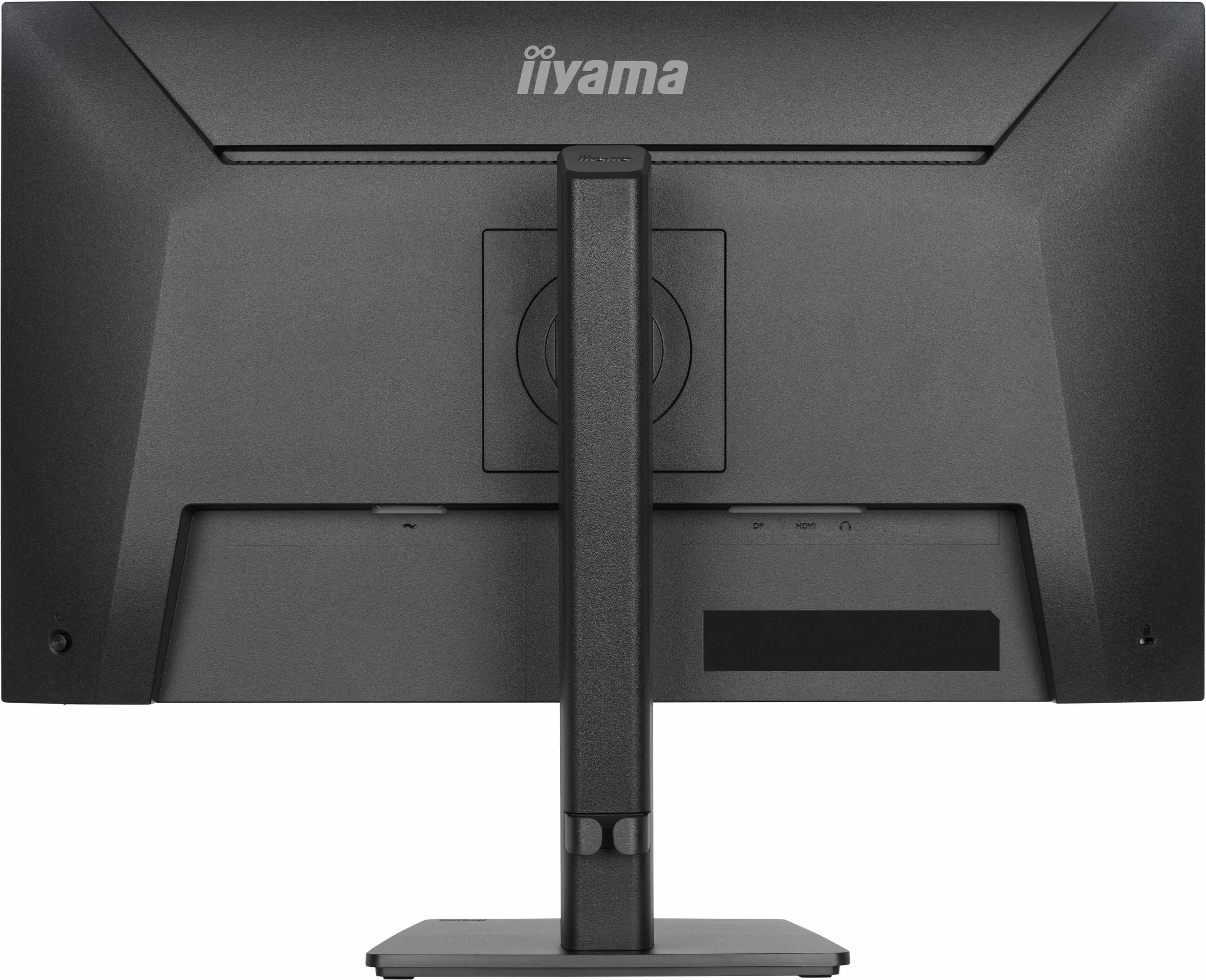 Rückseite eines schwarzen Monitors mit iiyama-Logo und Anschlüssen.