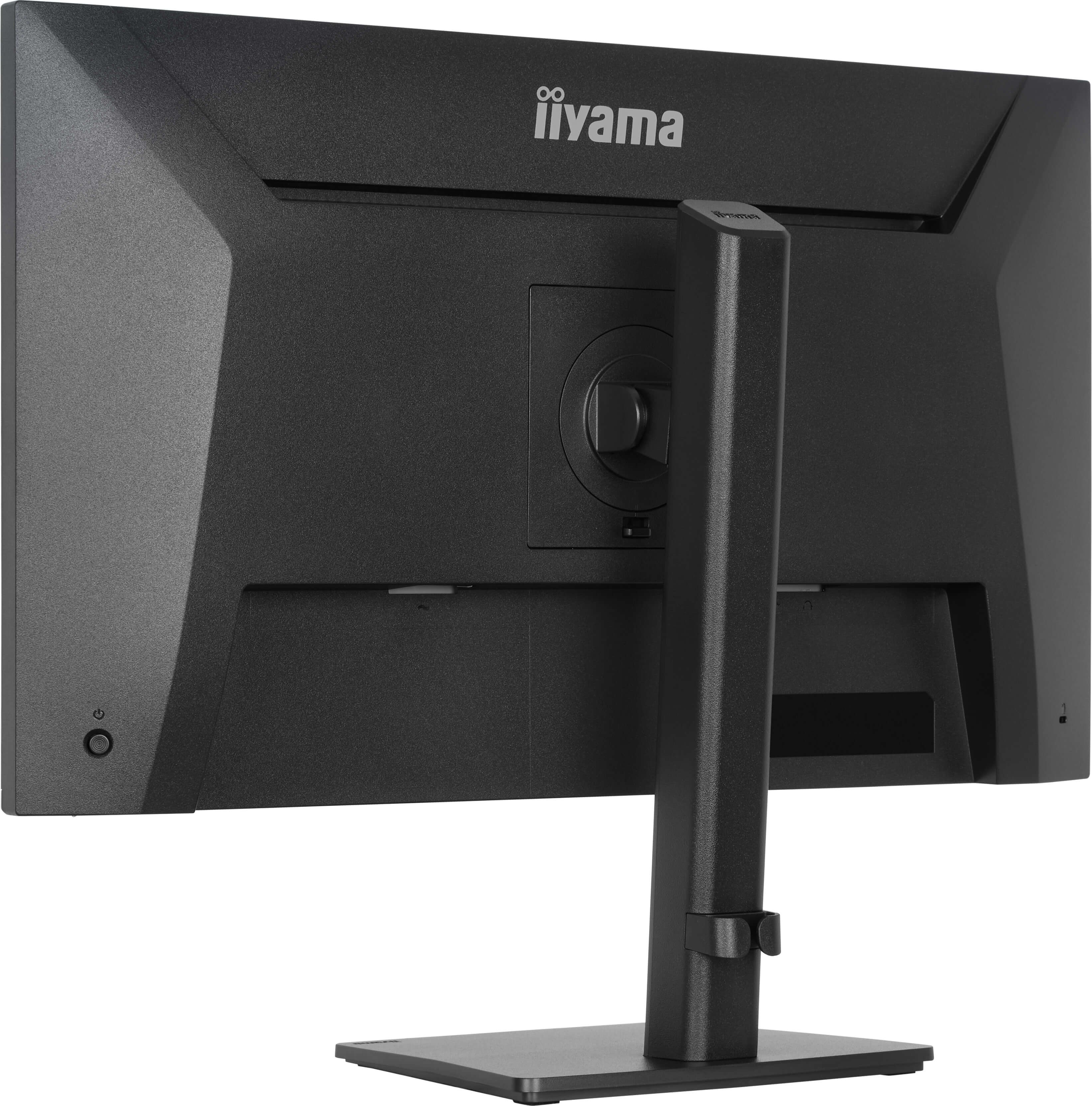 Rückansicht eines schwarzen Monitors mit Standfuß und iiyama-Logo.