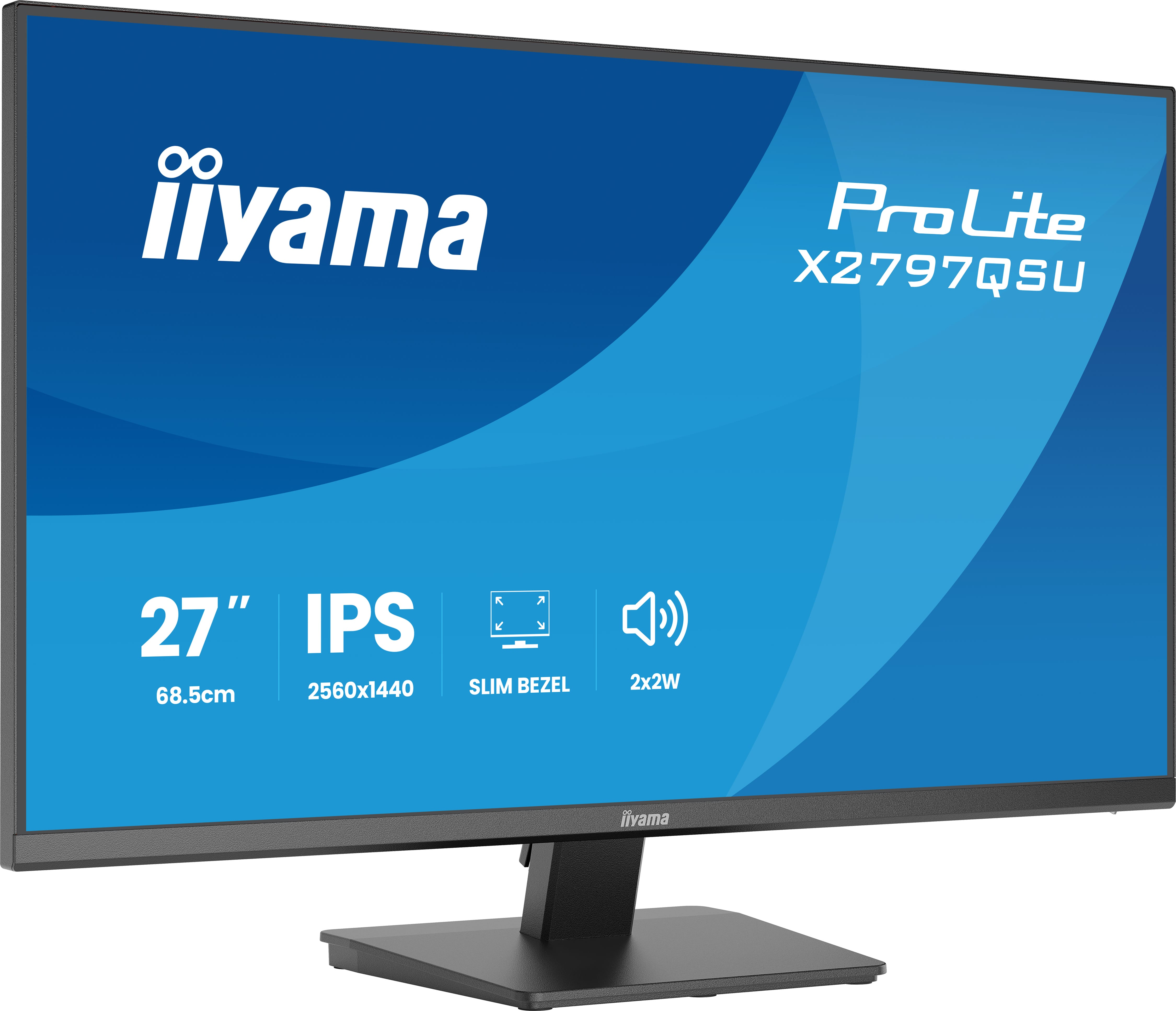 Ein schwarzer iiyama ProLite X2797QSU Monitor mit blauer Hintergrundgrafik.