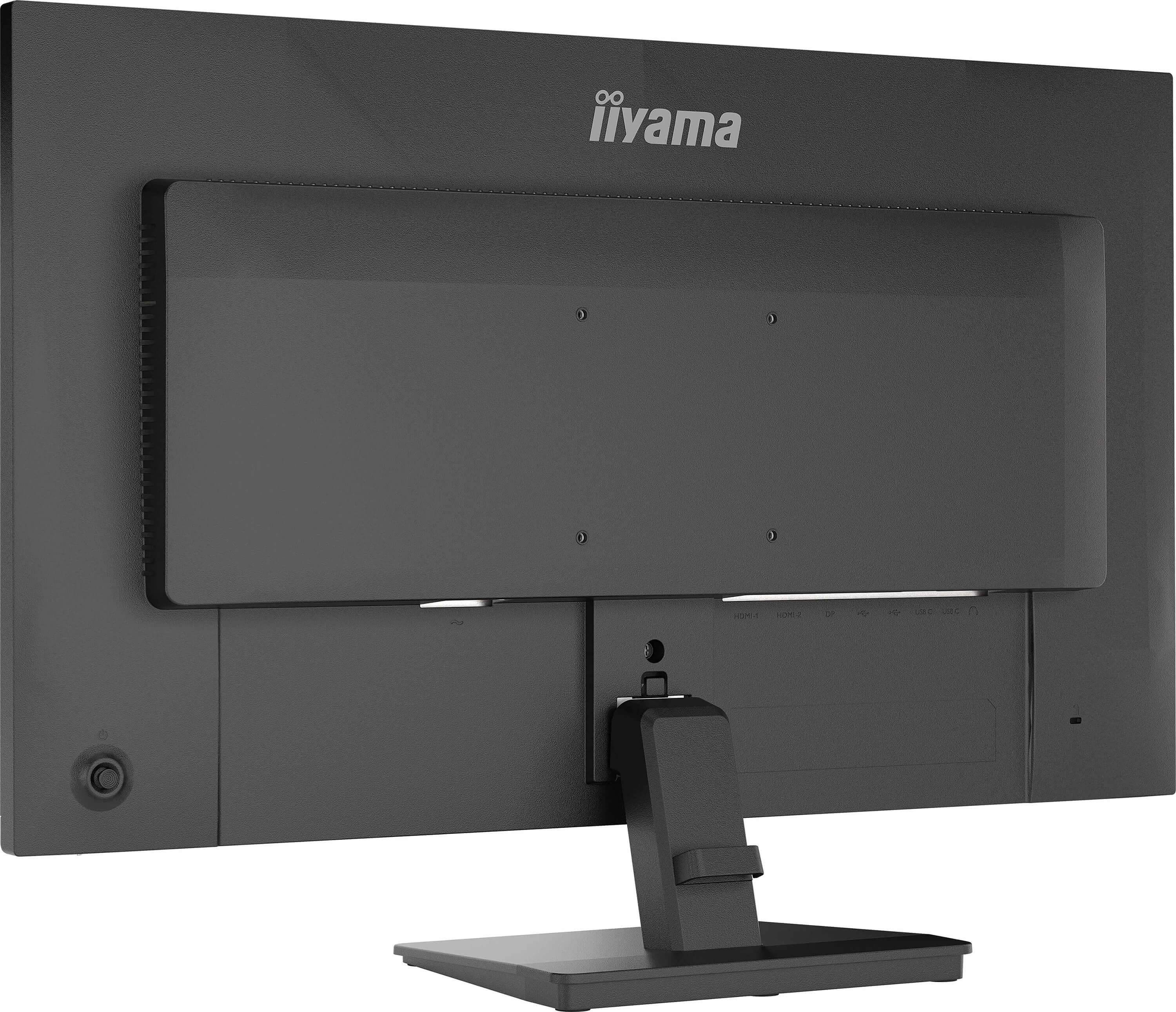 Rückseite eines schwarzen Monitors mit Anschlüssen und Standfuß.