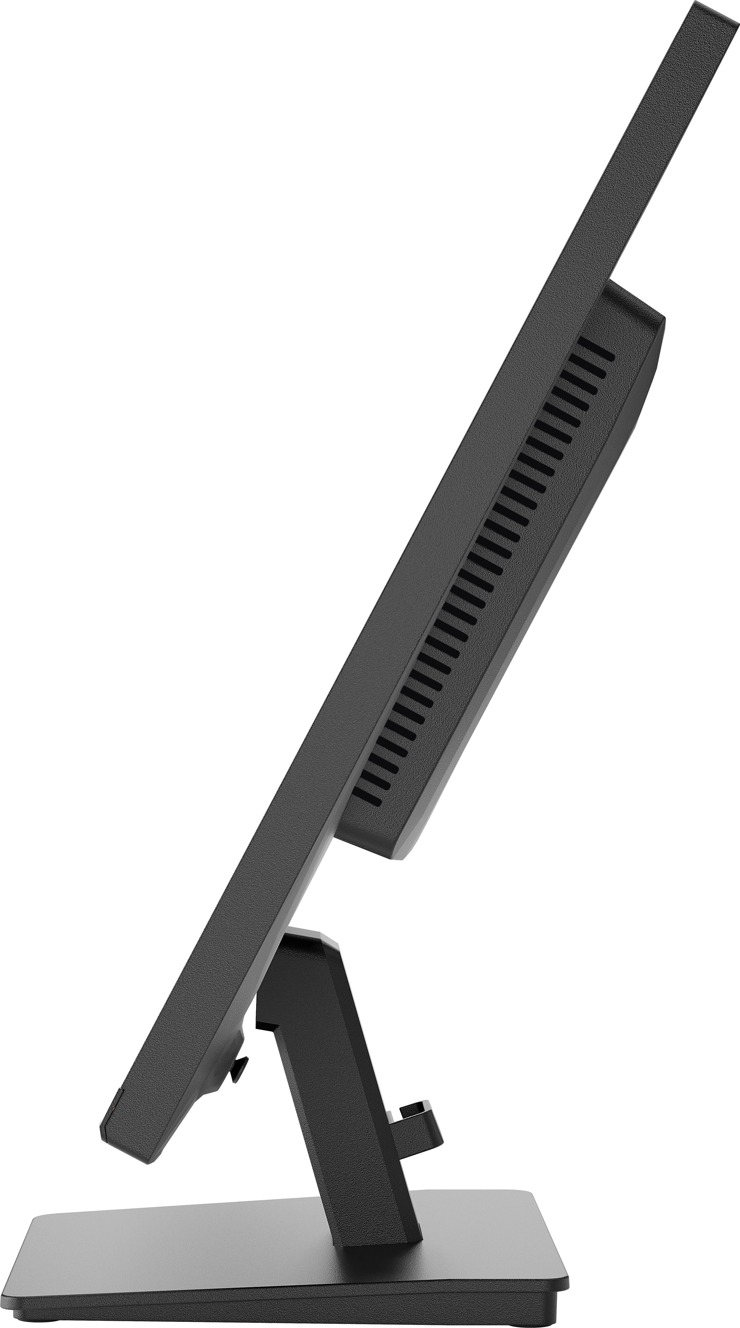 Schwarzer Computermonitor mit Ständer, von der Seite gesehen.