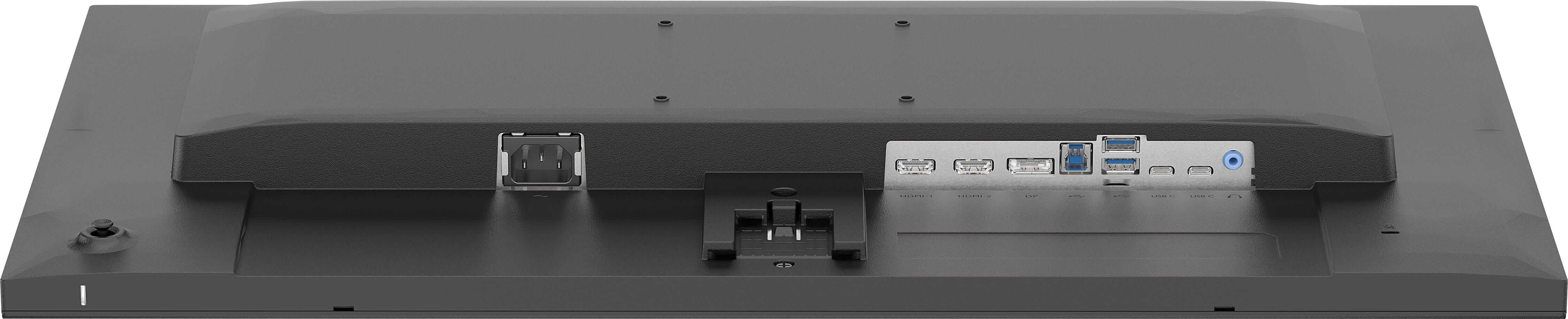 Rückseite eines Monitors mit Anschlüssen: USB-A, HDMI, DP, USB-C, Audiobuchse.