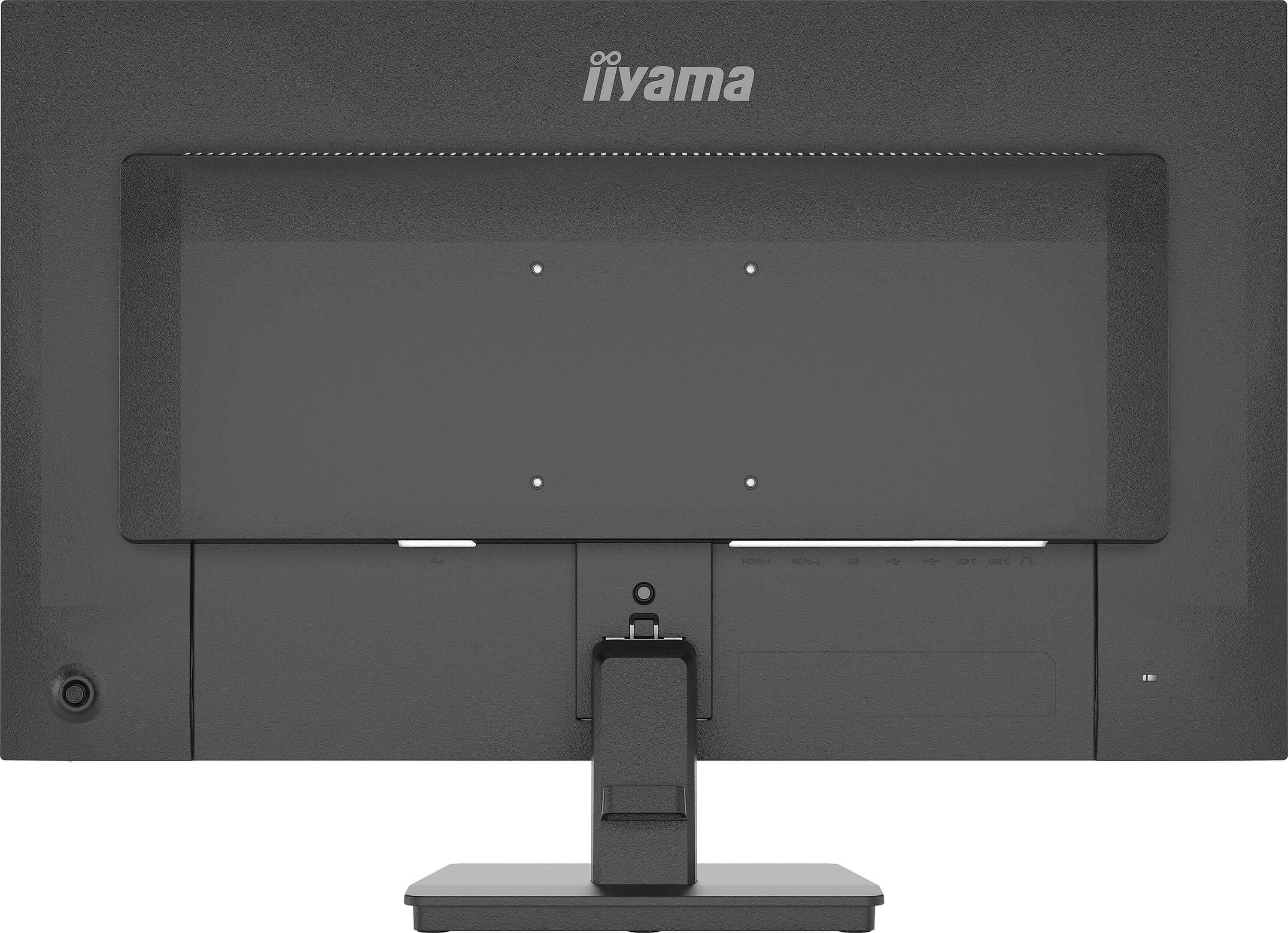 Rückseite eines schwarzen Iiyama Monitors mit Anschlüssen und Standfuß.
