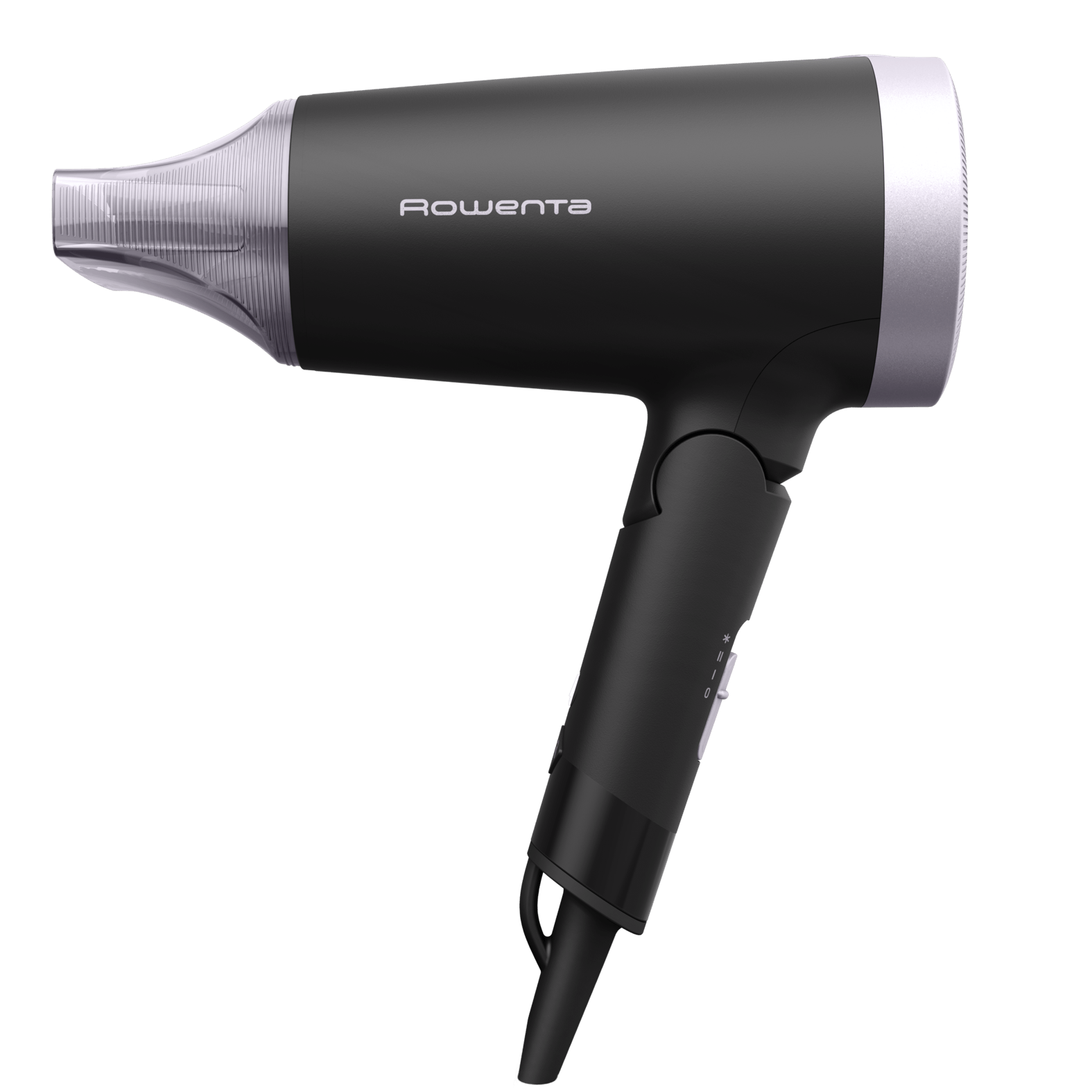 Schwarzer Haartrockner mit silberner Kappe und Aufsatz, auf grünem Hintergrund.