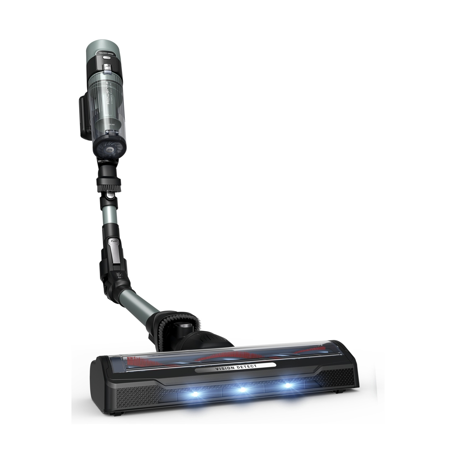 Un aspirapolvere moderno senza fili con tubo flessibile e luci LED.