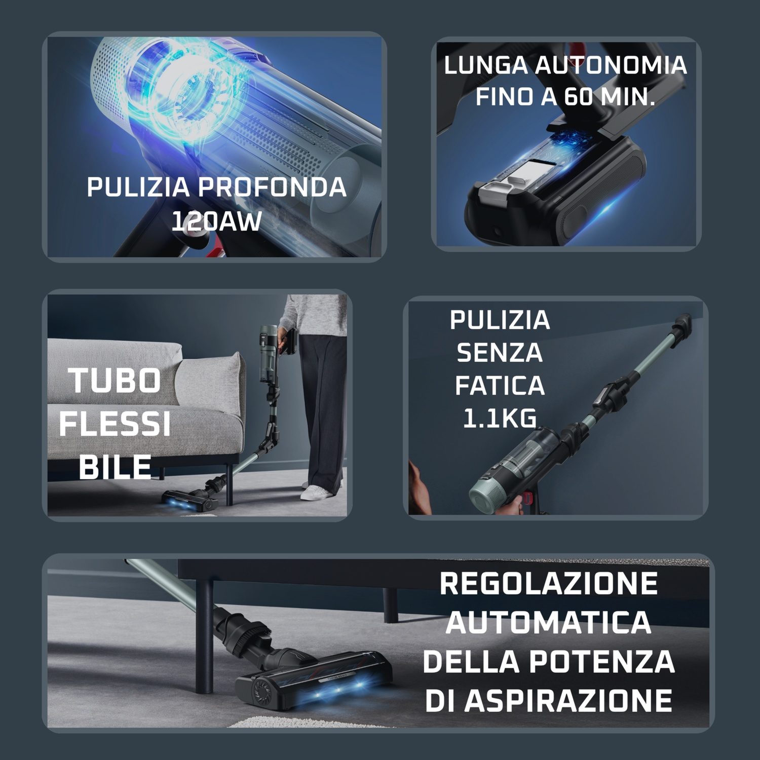 Primo piano di una testina aspirapolvere con illuminazione blu.