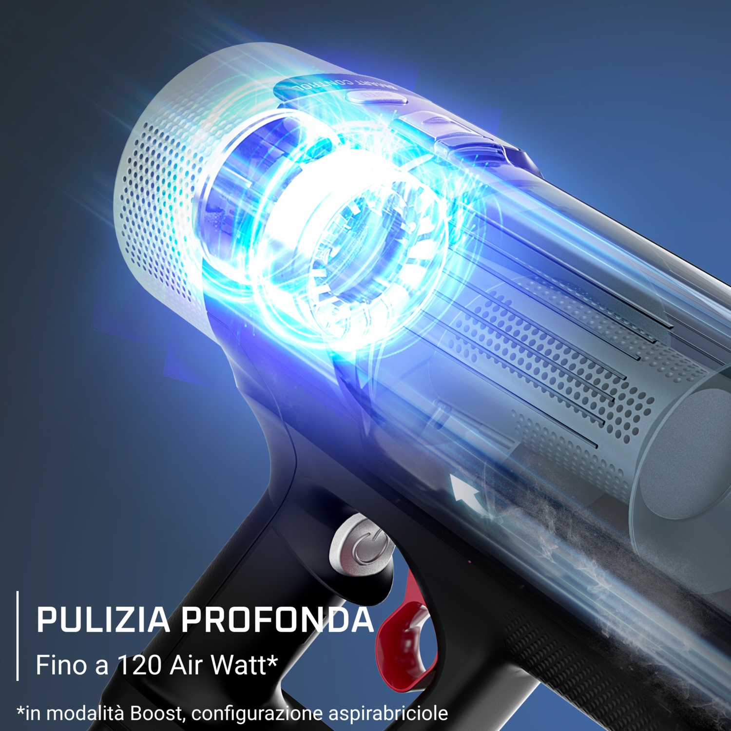 Primo piano di una testina aspirapolvere con illuminazione blu e particelle di polvere.