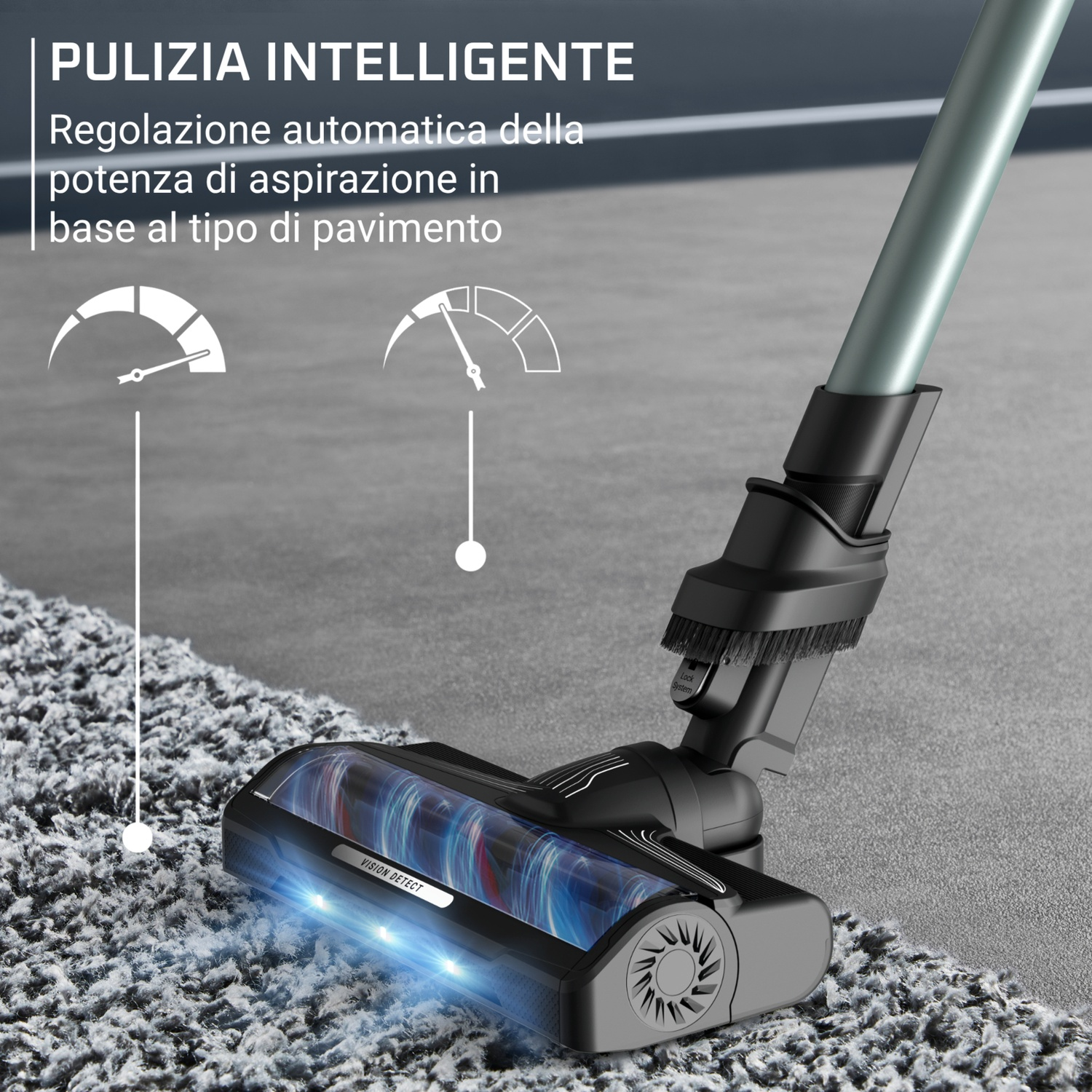 Una testina di aspirazione con luci blu su un tappeto.