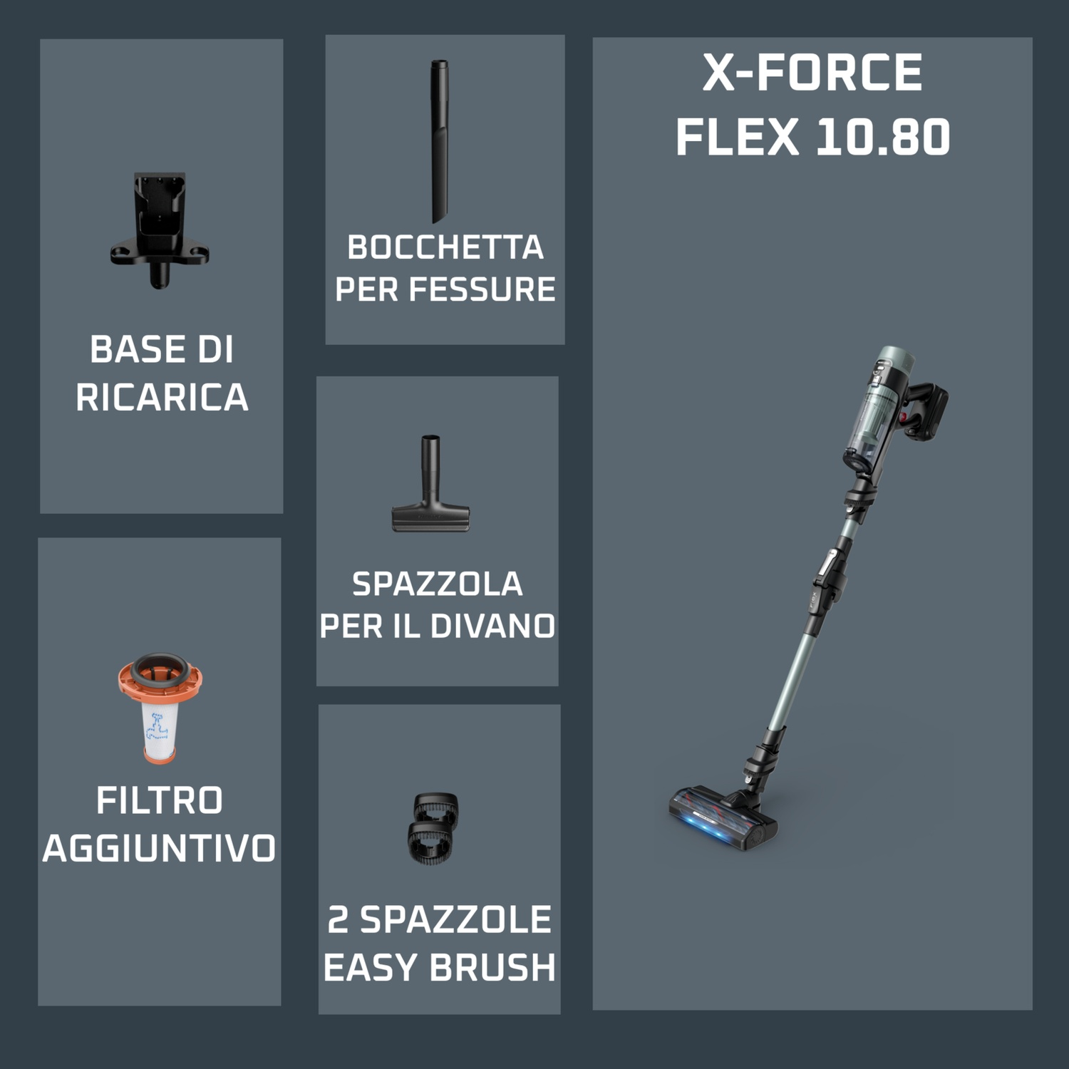 Aspirapolvere X-Force Flex 10.80 con accessori: base di ricarica, bocchetta fessure, spazzola divano, filtro.