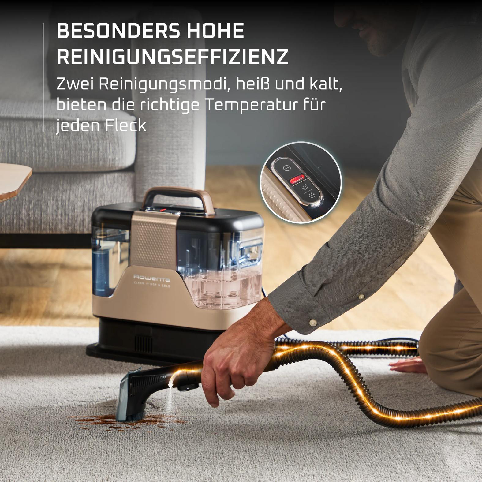Mann reinigt Teppichfleck mit heißem/kaltem Reiniger. Hohe Effizienz.