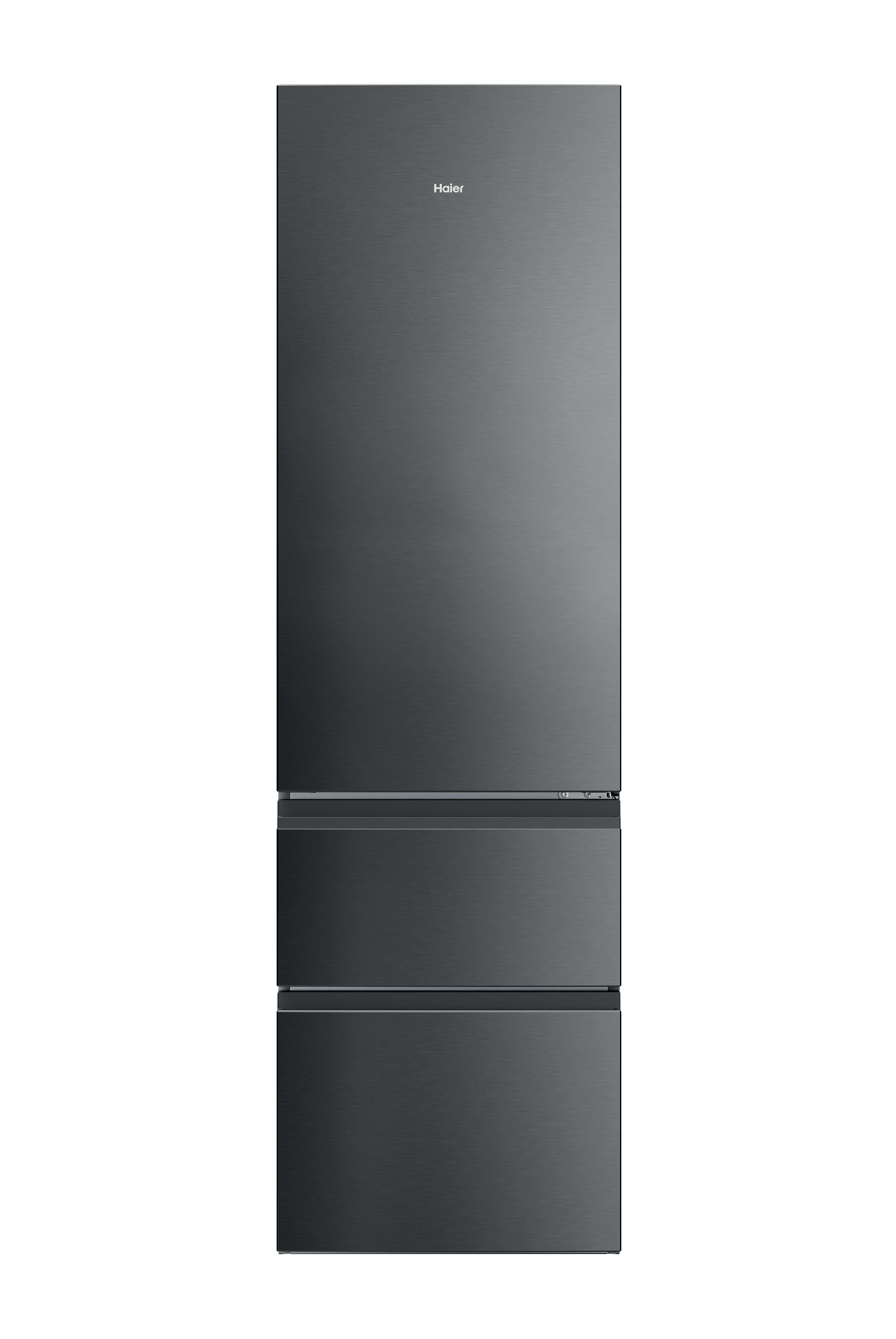 Ein dunkler Haier-Kühlschrank mit drei Schubladen vorne.