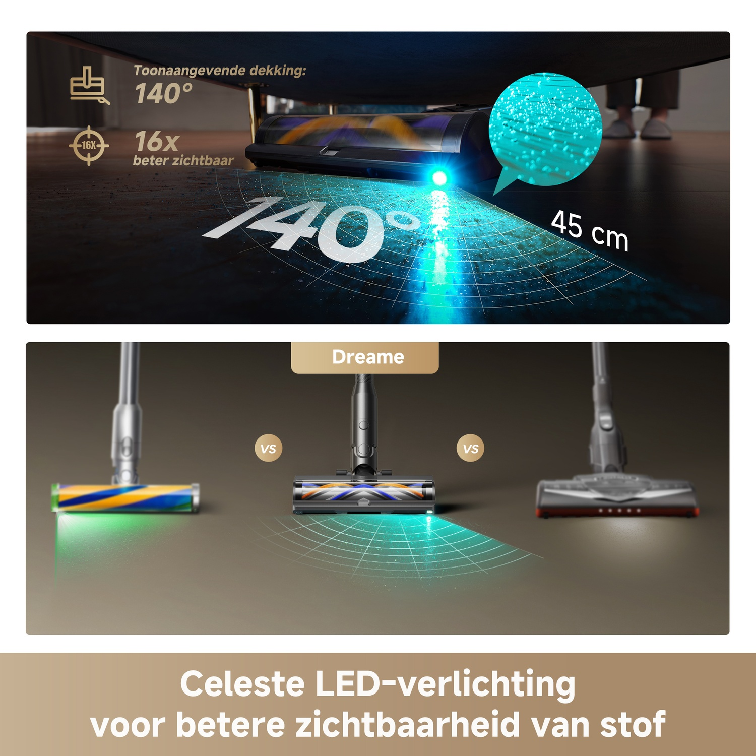 Vacuum cleaner with 140° LED lighting for better dust visibility.