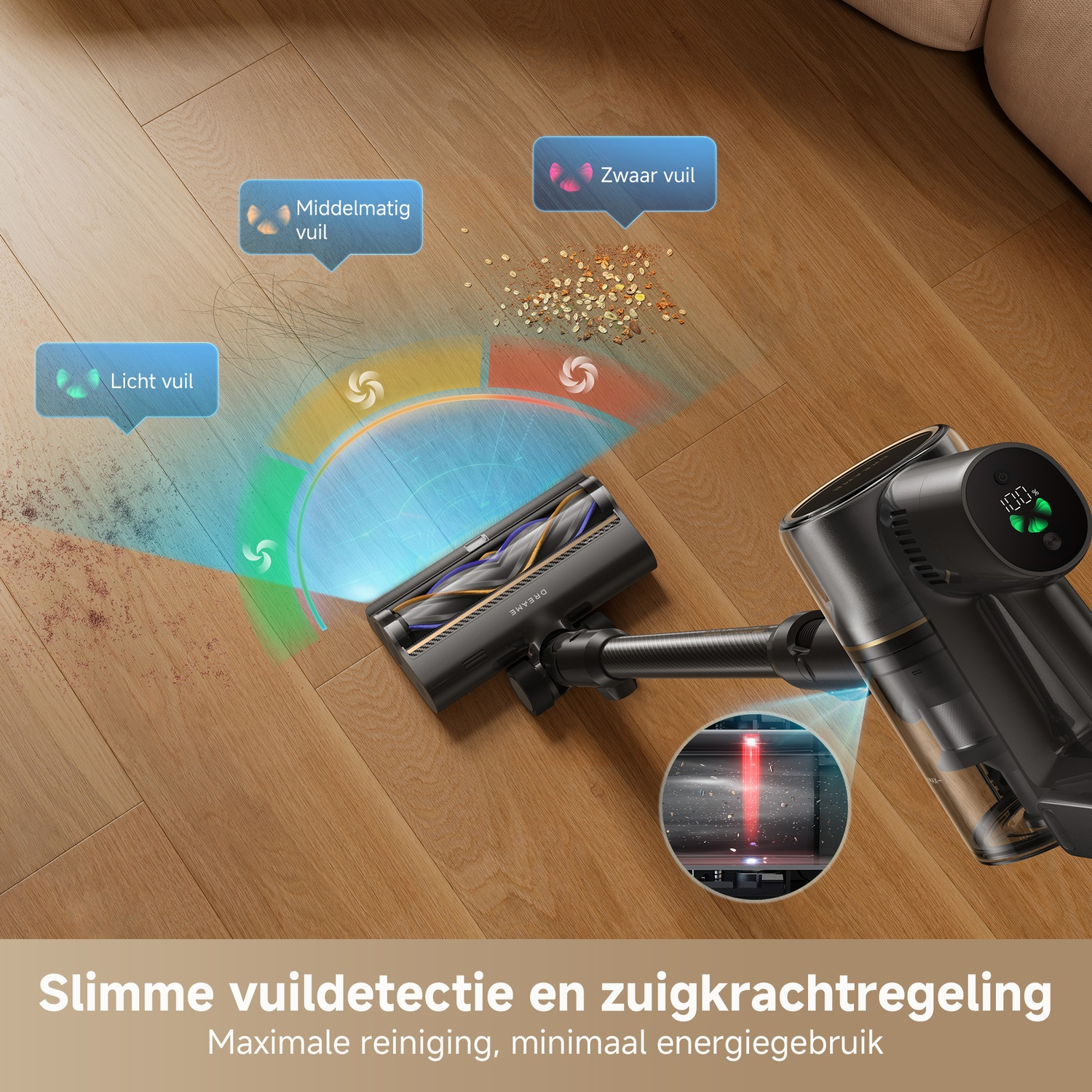 A vacuum cleaner detects light, medium, and heavy dirt on a wooden floor.