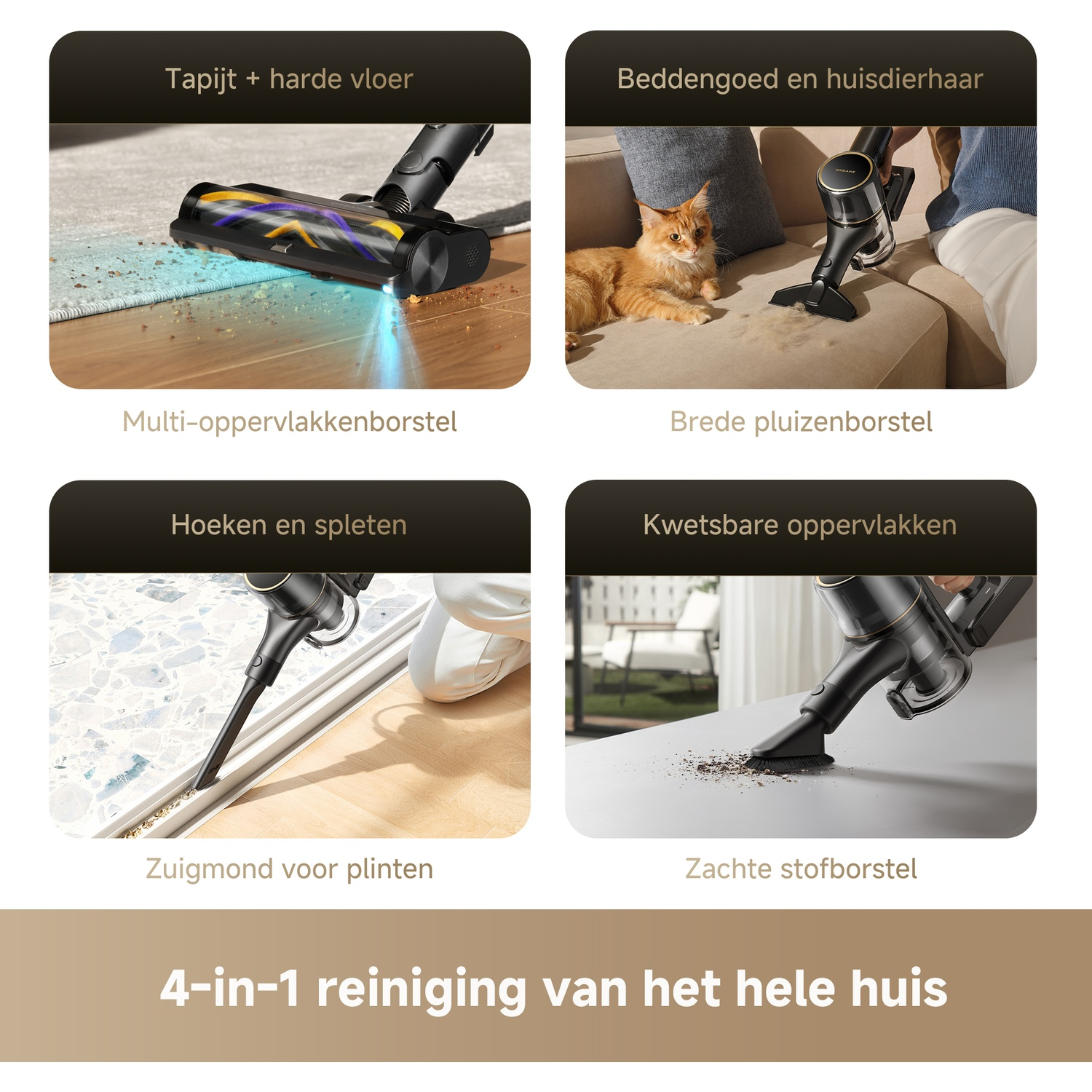 Four vacuum cleaner attachments for various surfaces: carpet, upholstery, corners, and delicate surfaces.