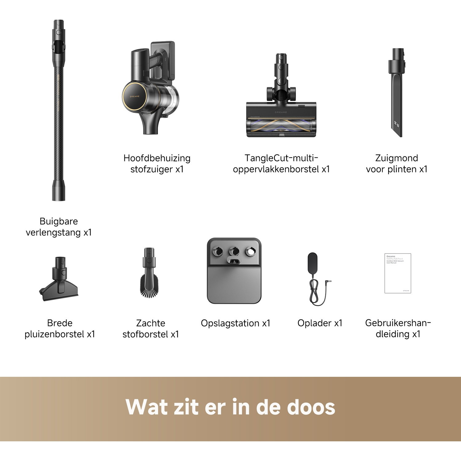 Vacuum cleaner accessories overview: flexible wand, main body, brush heads, charging dock, charger, manual.