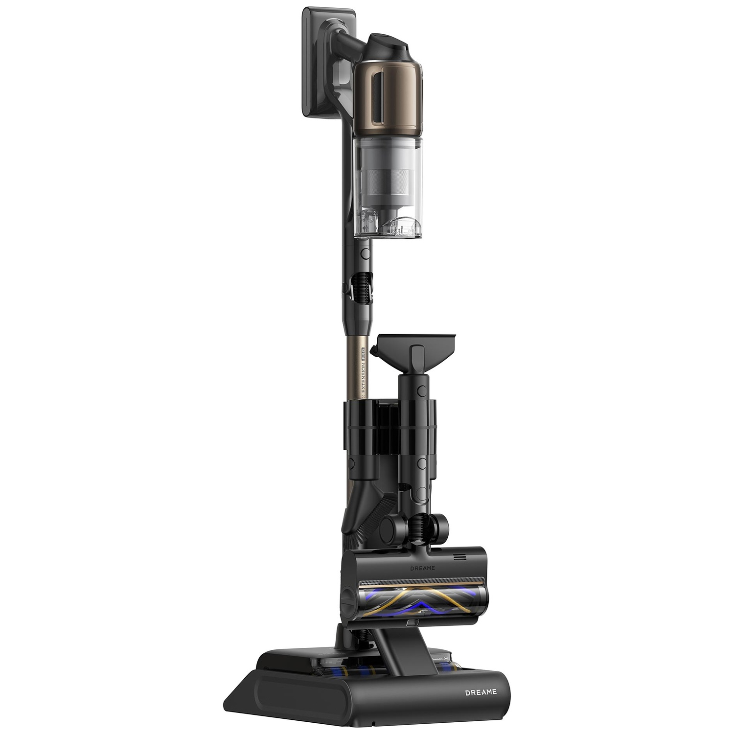 A cordless vacuum cleaner standing on its base, with gold accents.