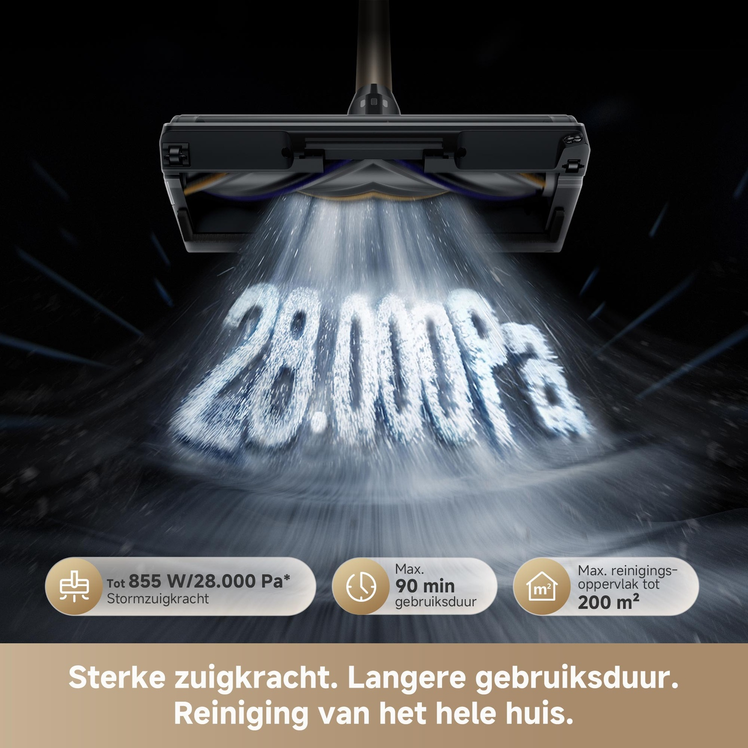 Vacuum head with 28,000 Pa suction power, 90 min runtime, 855 W.