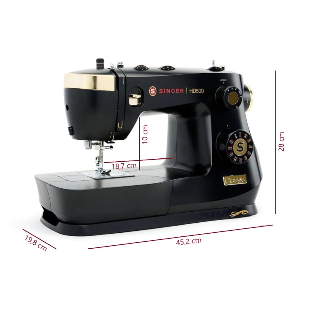 Schwarze Singer HD500 Nähmaschine mit goldenen Akzenten und Maßen.