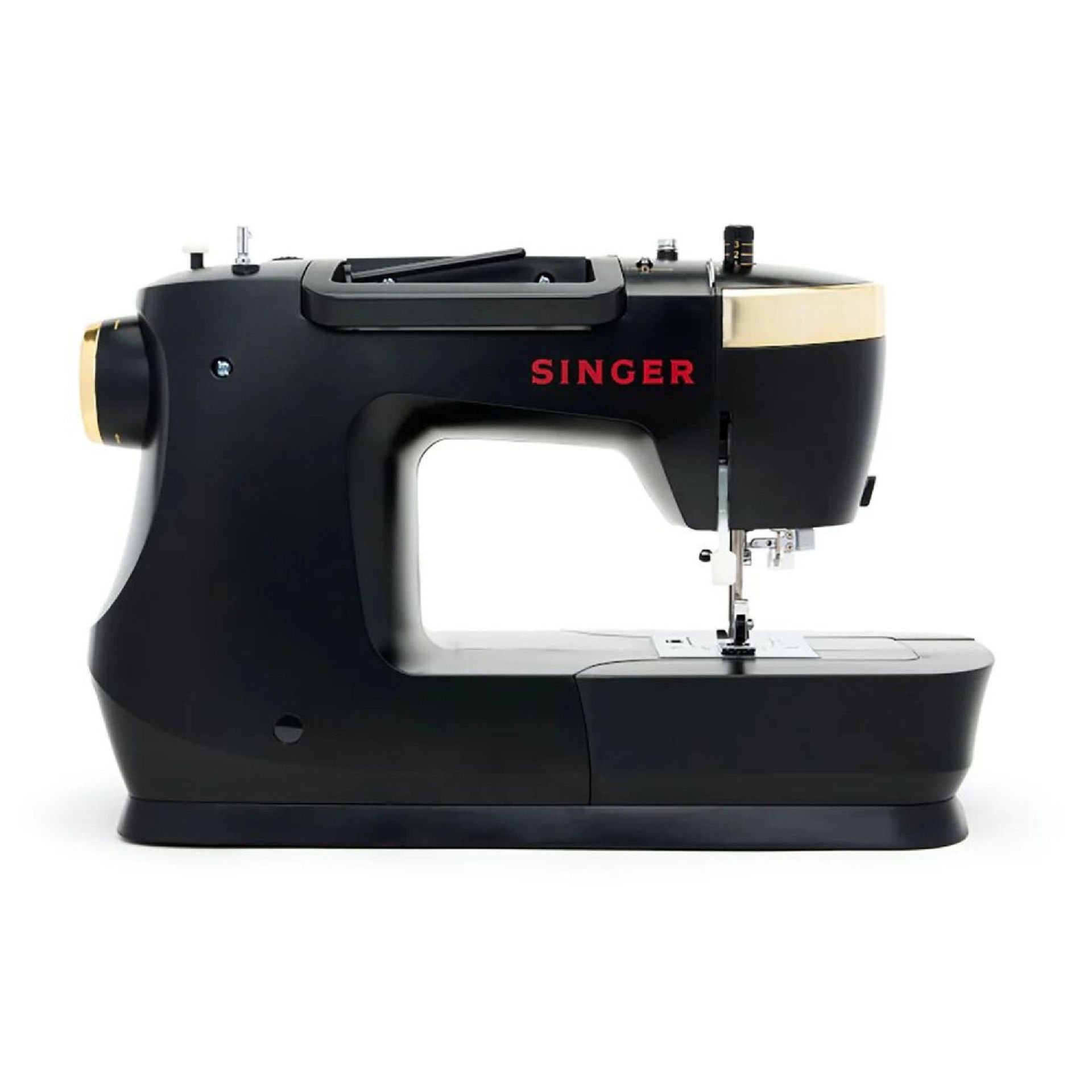 Schwarze Singer Nähmaschine mit goldenen Akzenten und rotem Logo.