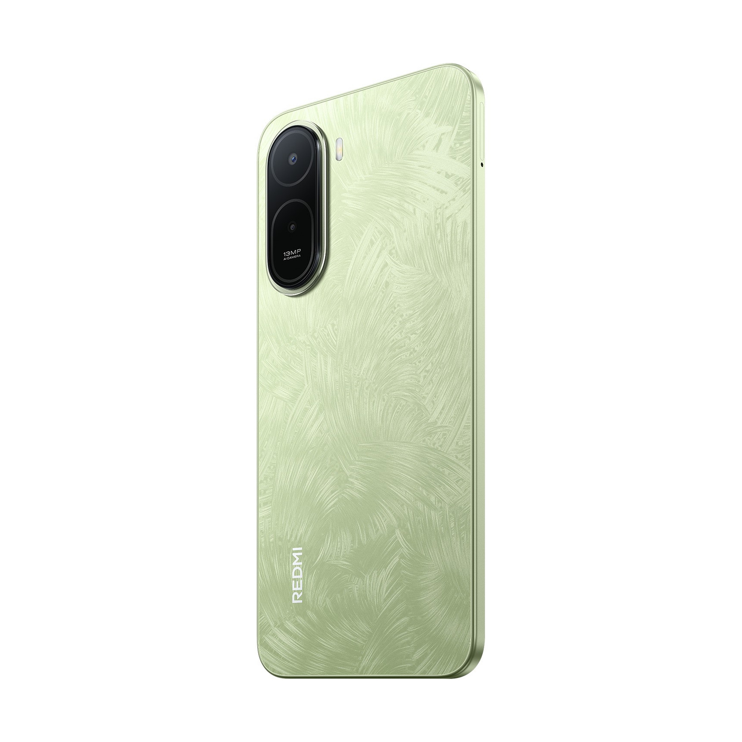 Smartphone verde chiaro con retro a motivi di foglie e doppia unità fotocamera.