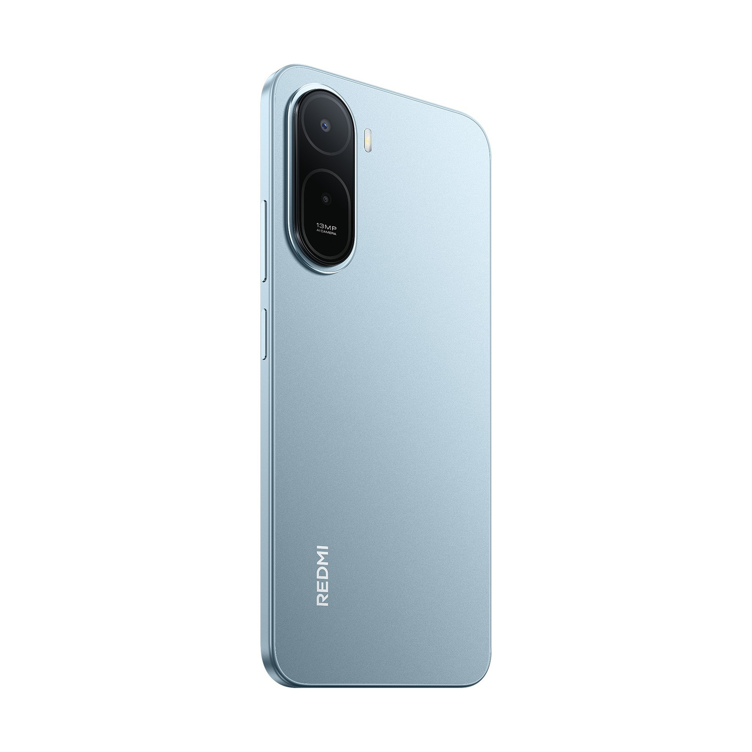 Uno smartphone azzurro con doppia fotocamera posteriore e logo Redmi.