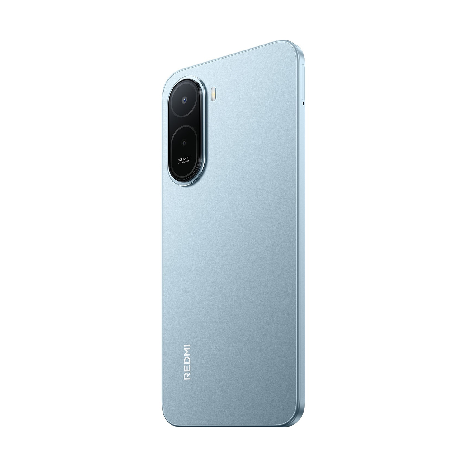 Uno smartphone azzurro con doppia fotocamera e logo rosso su sfondo bianco.