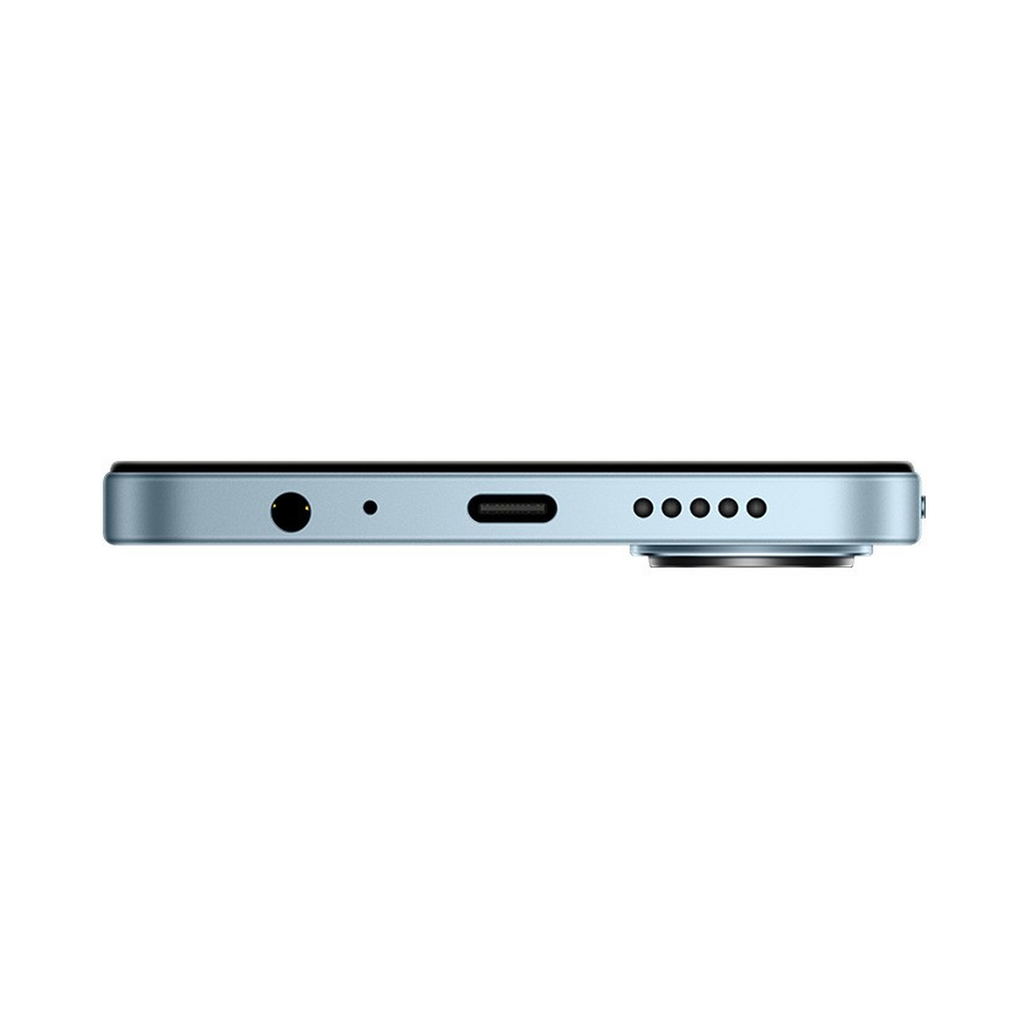 Primo piano del fondo di uno smartphone azzurro, con porte e griglia altoparlante.
